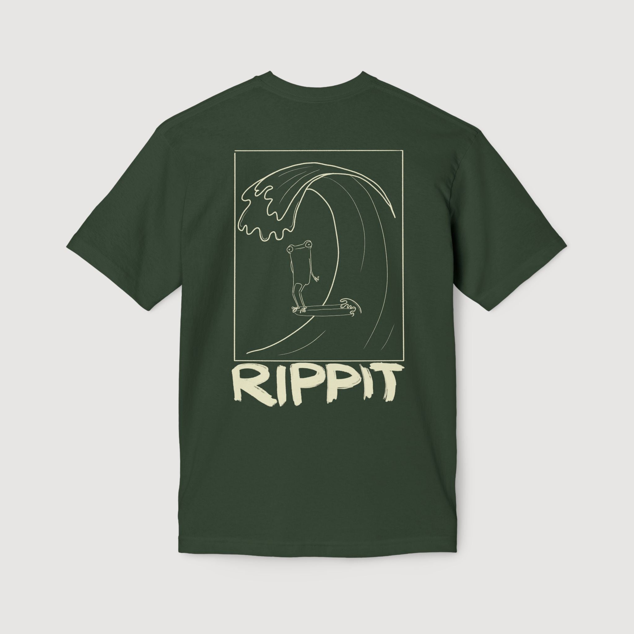back view of front view of a military green surfjoy t-shirt with a design of a surfing frog and text that says 'rippit'