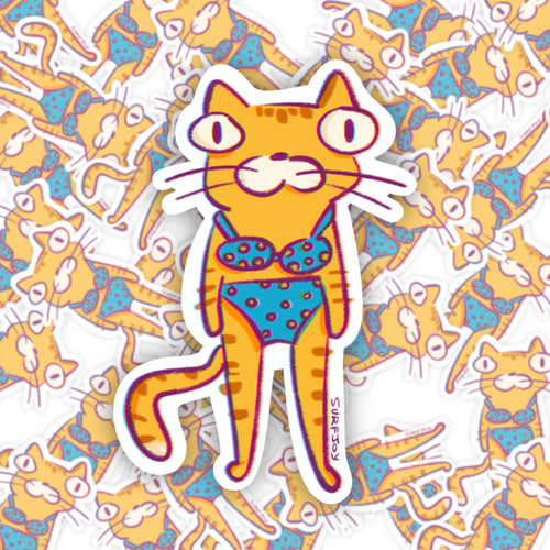 A die-cut sticker featuring an orange tabby cat wearing a blue polka-dot bikini, shown against a background covered in a repeating pattern of the same cat illustration.