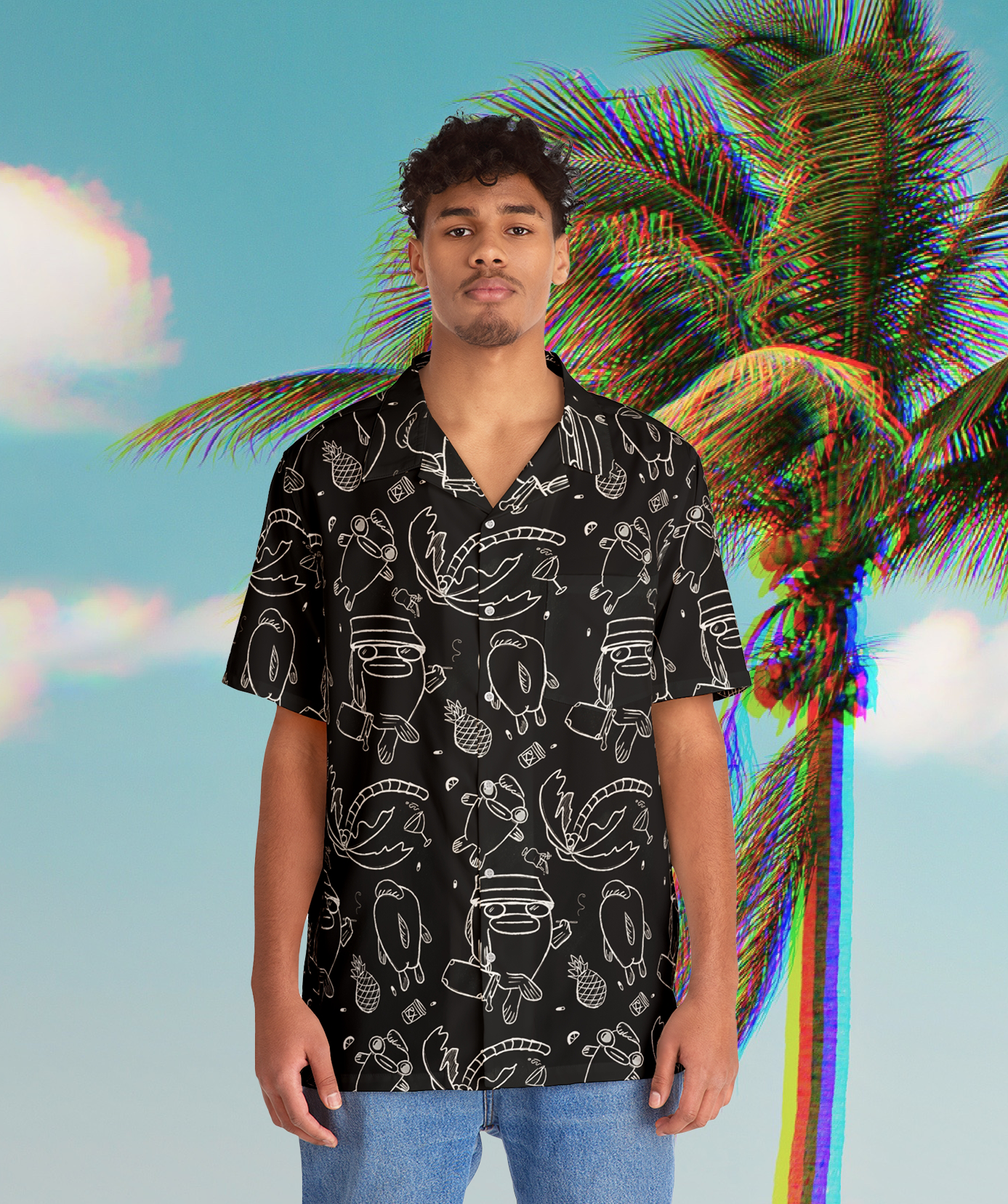 Hawaiian man wearing a Psychedelic Button Up Dress Shirt, black shirt with white line work illustrations of fish in Fear and Loathing commemorative style on the beach