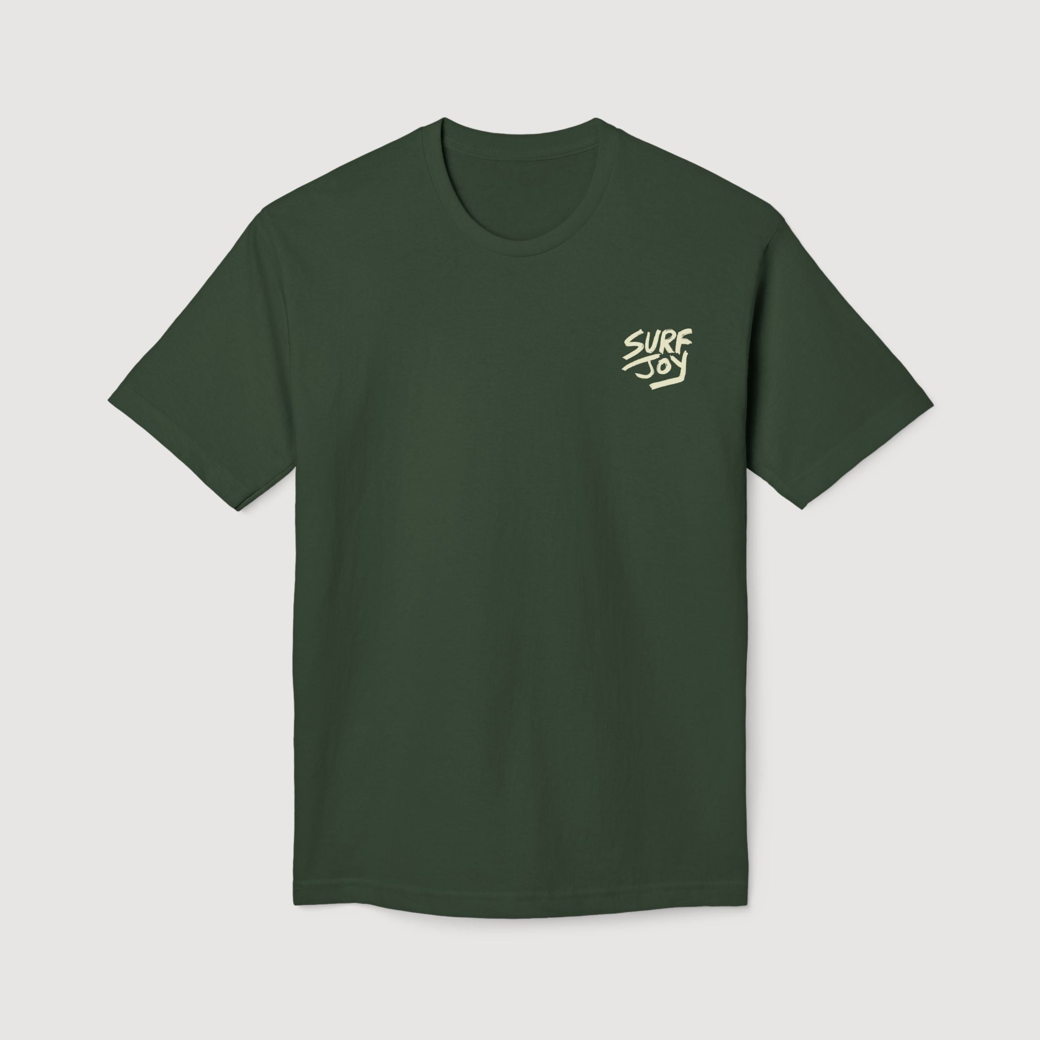front view of a military green surfjoy t-shirt with a design of a surfing frog and text that says 'rippit'