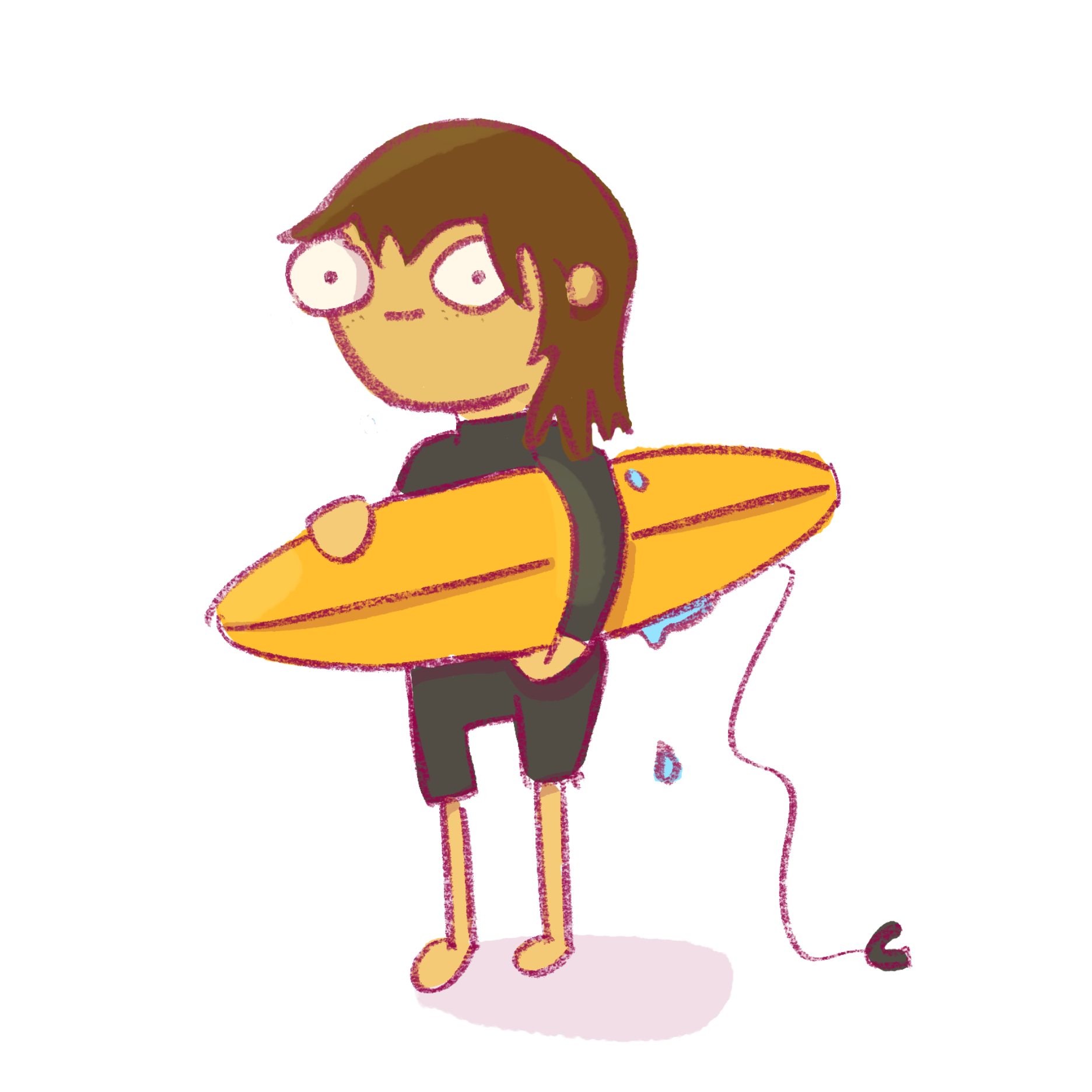 A cartoon-style illustration of a person with brown hair wearing a black wetsuit and holding a yellow surfboard, shown on a plain white background.