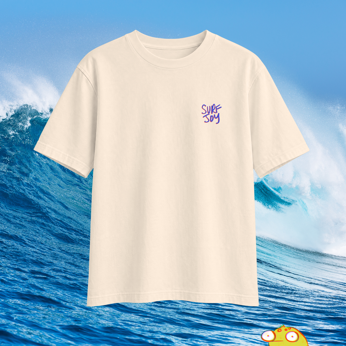 Oversized T-shirt SurfJoy t-shirt with "surfjoy" printed on the chest logo area over an ocean themed background 