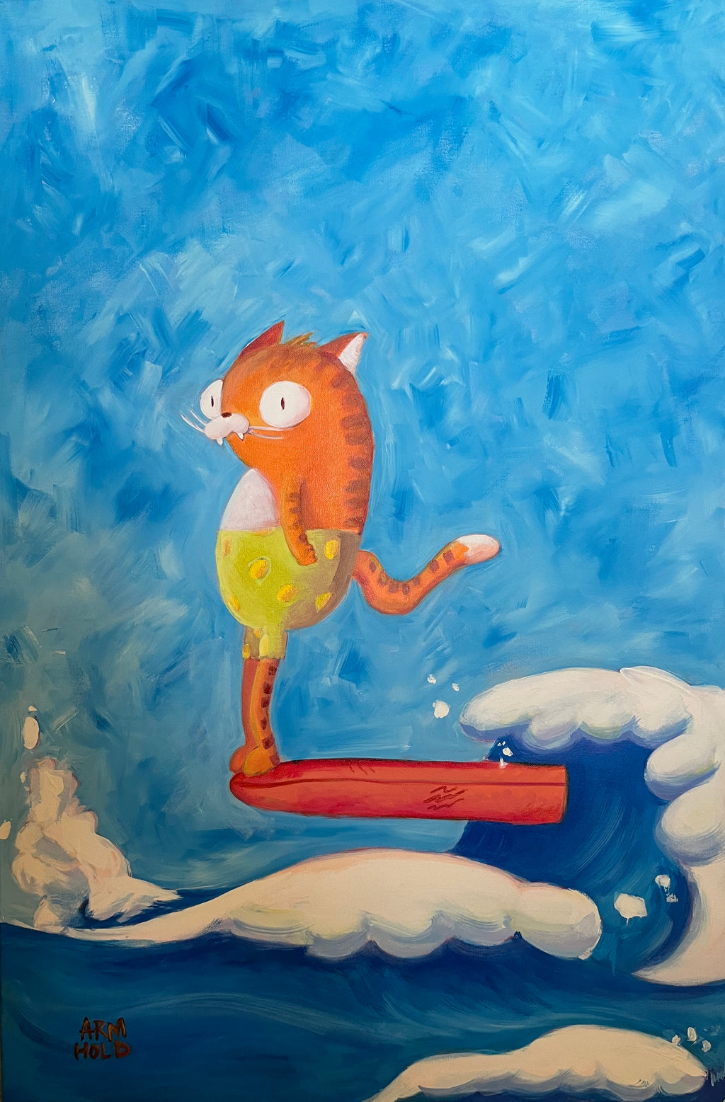 A colorful painting of an orange tabby cat surfing on a red surfboard over blue ocean waves, set against a textured blue sky background.