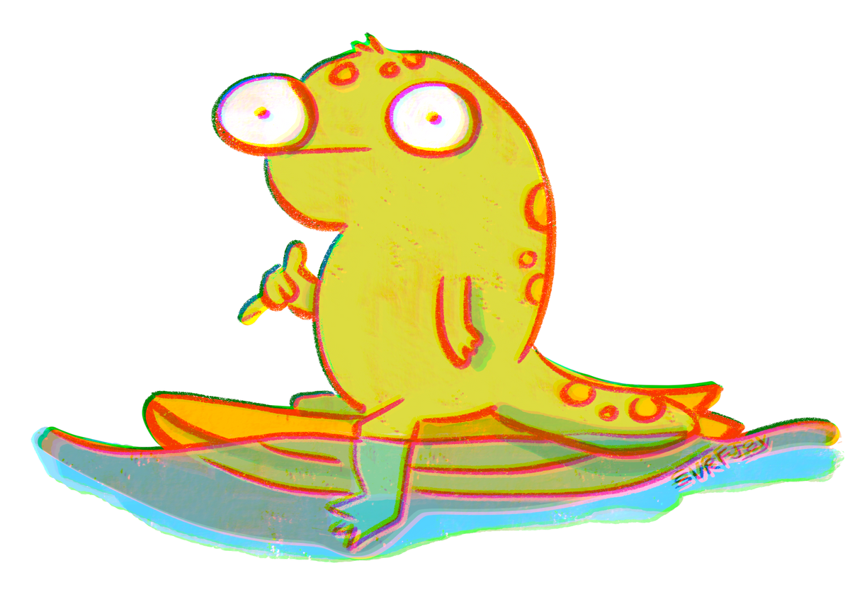 Illustration of a green gecko sitting on a surfboard with a friendly demeanor and throwing a shaka