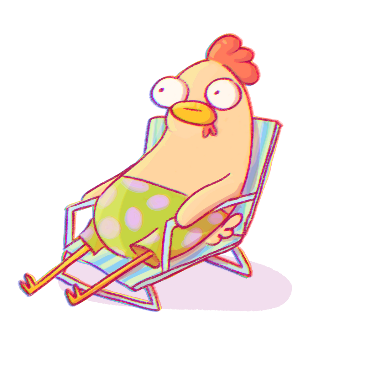A cartoon-style illustration of a relaxed chicken sitting in a striped beach chair, wearing green polka-dot shorts, on a plain white background.