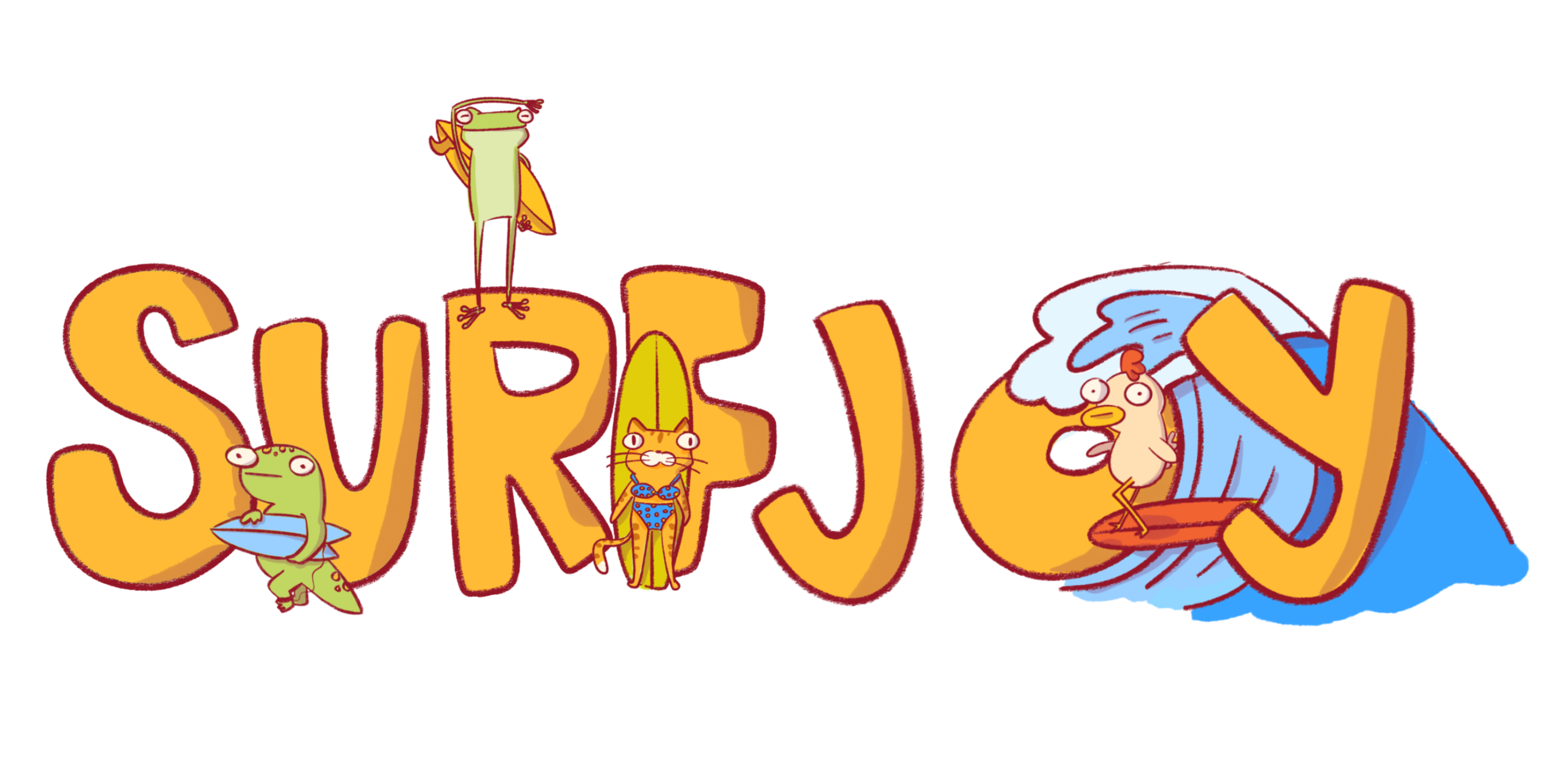 Hand drawn text that says "surfjoy" and is surrounded by illustrating surfing animals