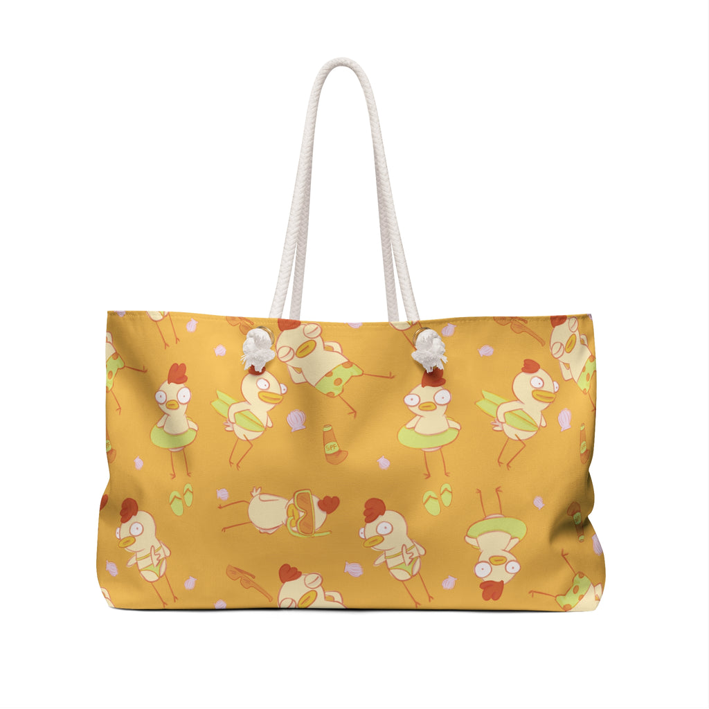 back view of an oversized beach tote featuring an all over print of cute chicken characters in bikinis