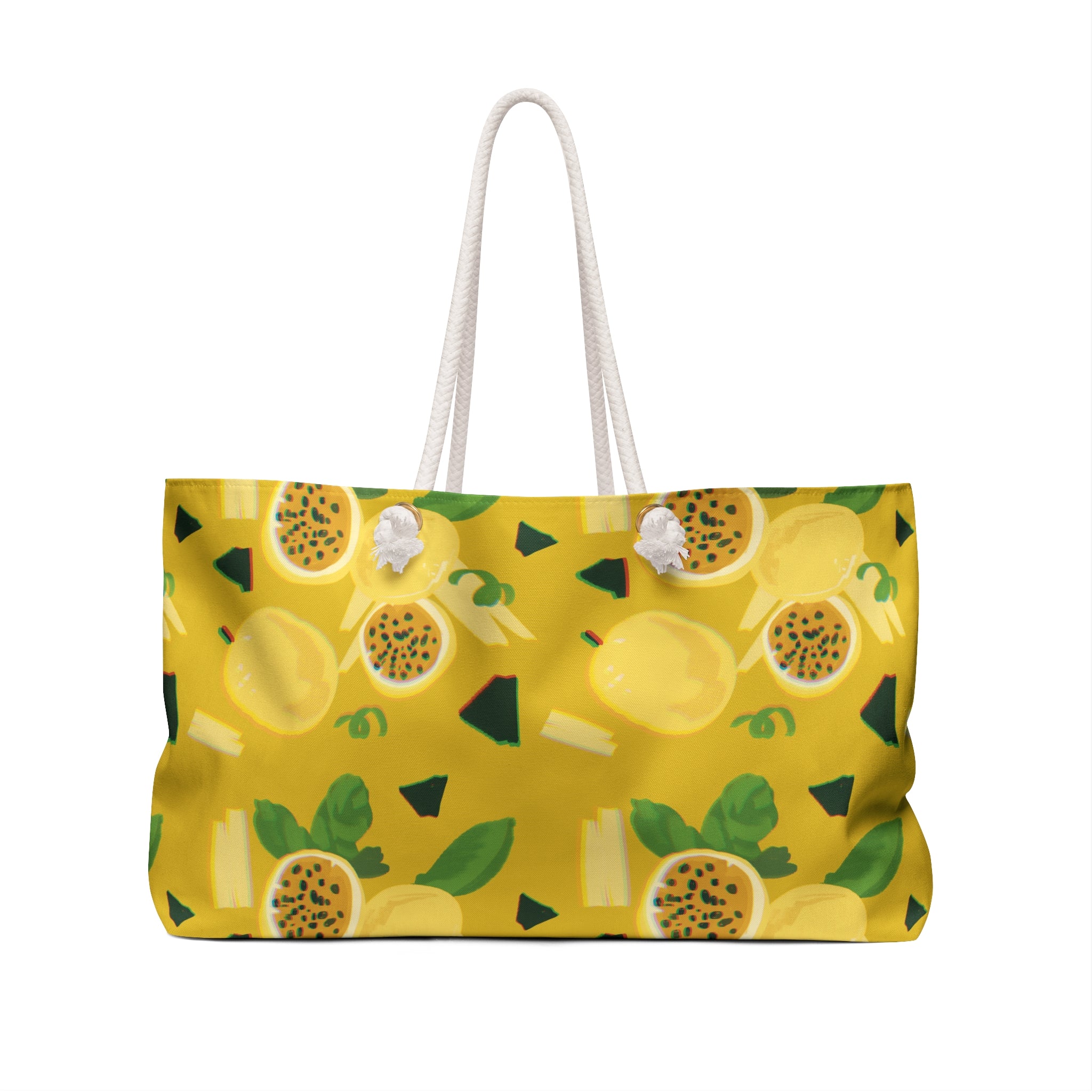 back view of a yellow beach back with a fun tropical fruit pattern