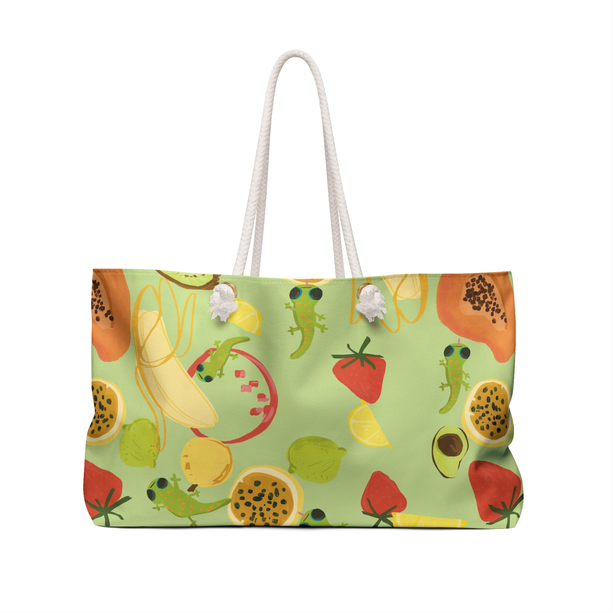 back view of a cute lime green oversized beach bag with a tropical fruits and gecko pattern