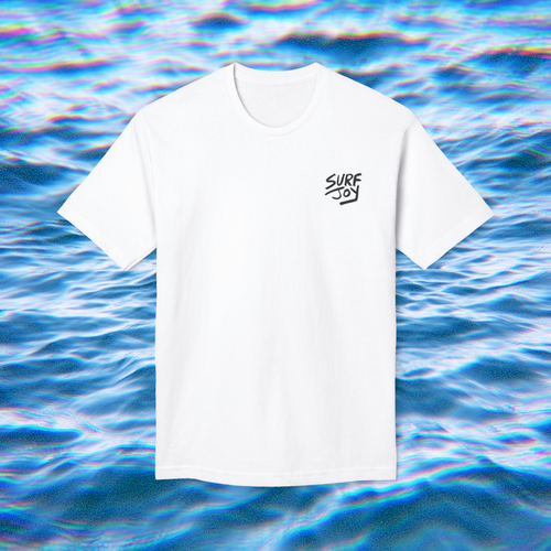 front view of a t-shirt for surfers with a design of a frog holding a surfboard near text that says 'rippit'