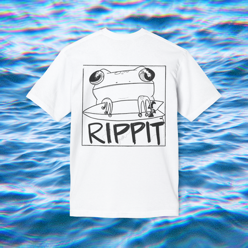 a white t-shirt for surfers with a design of a frog holding a surfboard near text that says 'rippit' is shown on a blue background