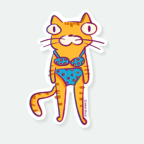 A die-cut sticker featuring a cartoon orange tabby cat wearing a blue polka-dot bikini, shown on a light gray background.