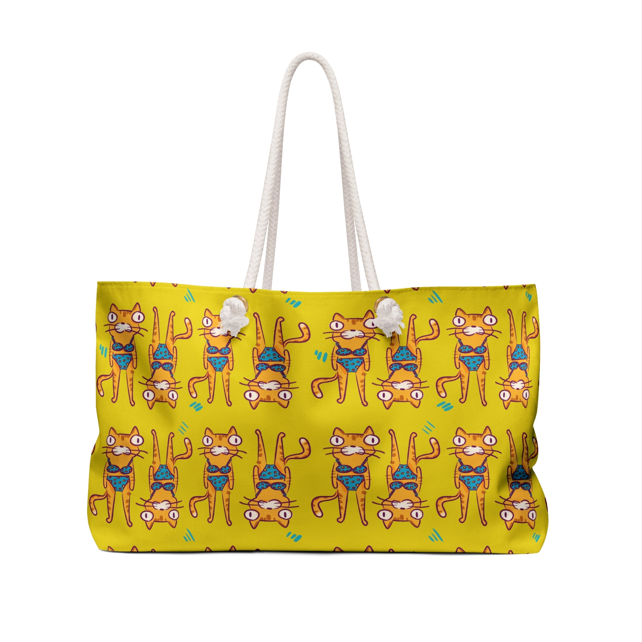 Yellow tote bag with cat pattern on a white background