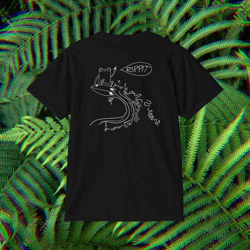 back view of a black surfjoy t-shirt featuring a design of a frog catching an air on a wave with a speech bubble that says 'rippit'