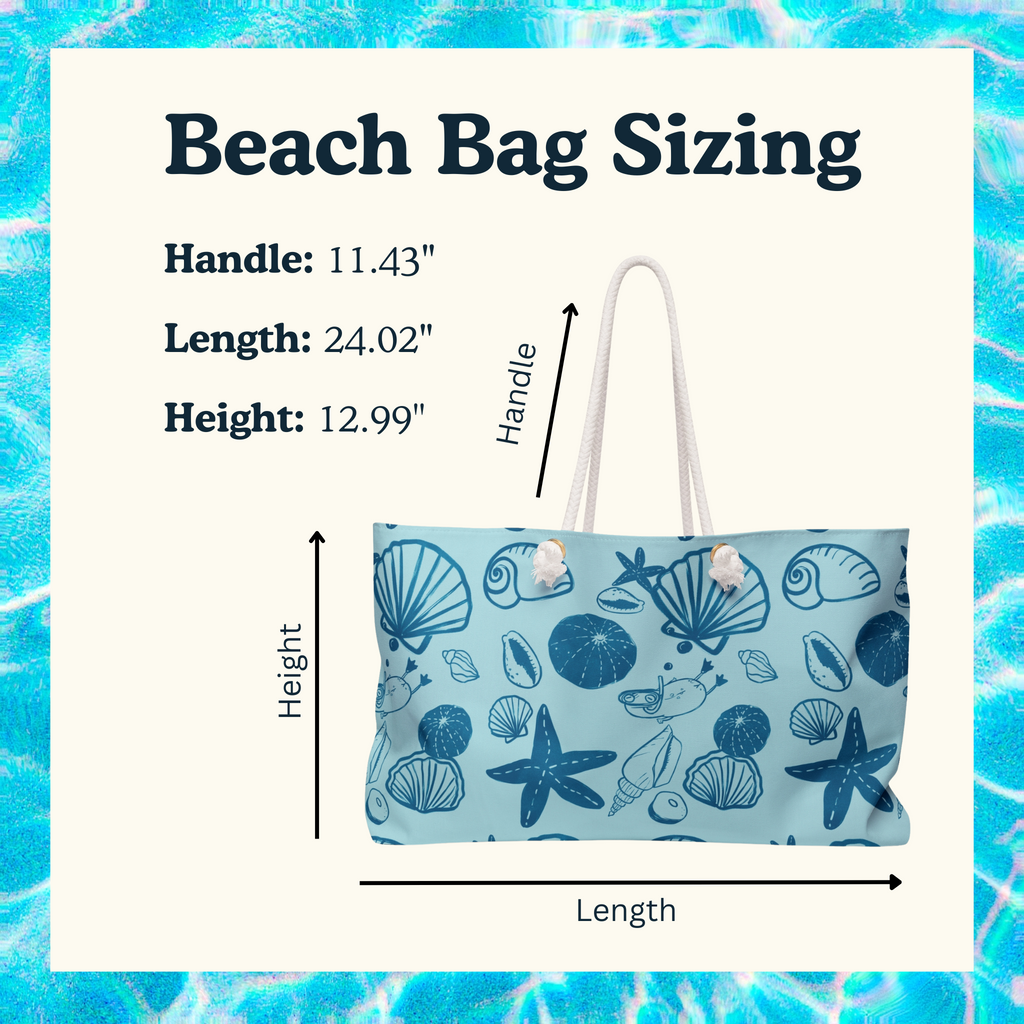 size chart with product dimensions of oversized beach bag