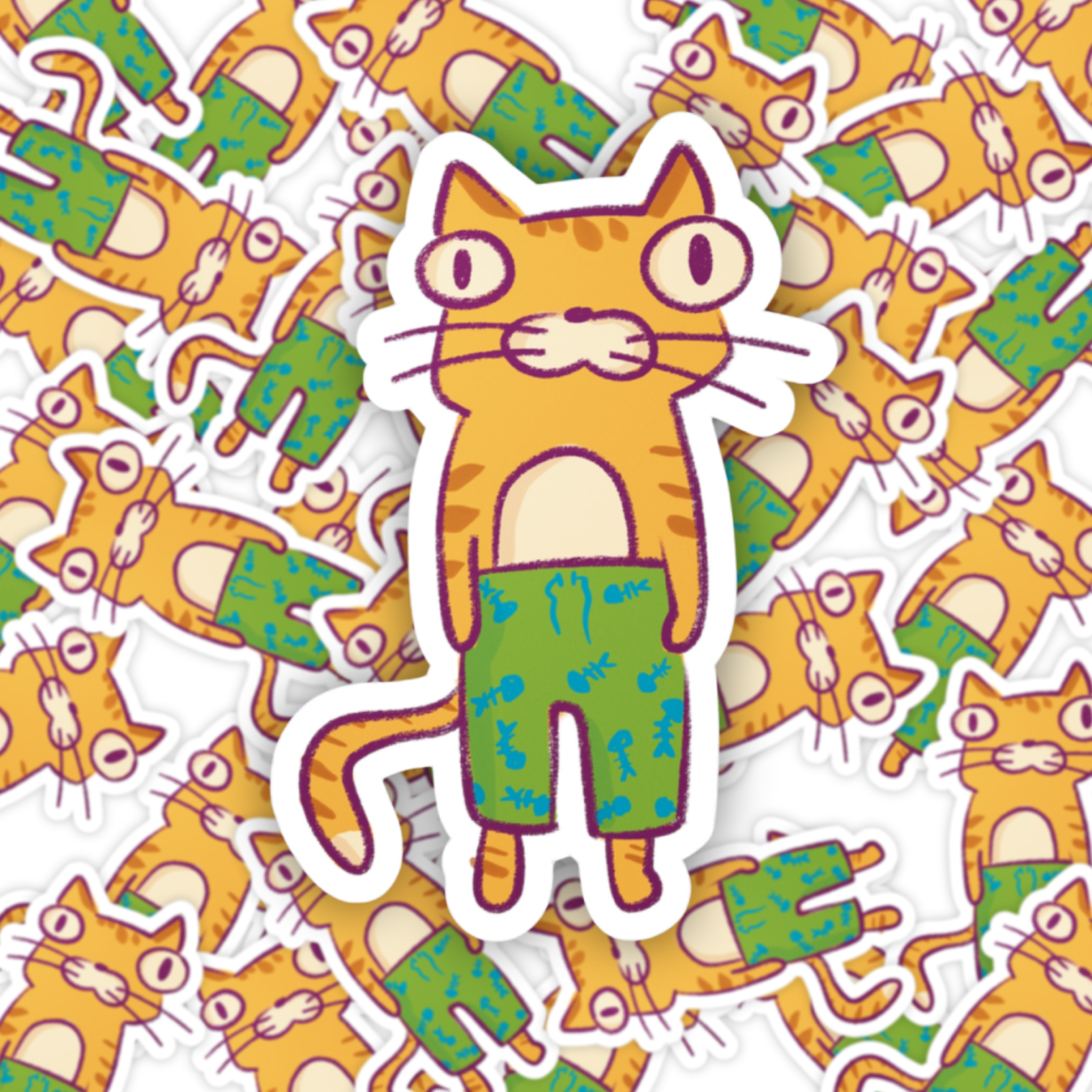 Sticker of a cat in green pants on a background of similar cat stickers.