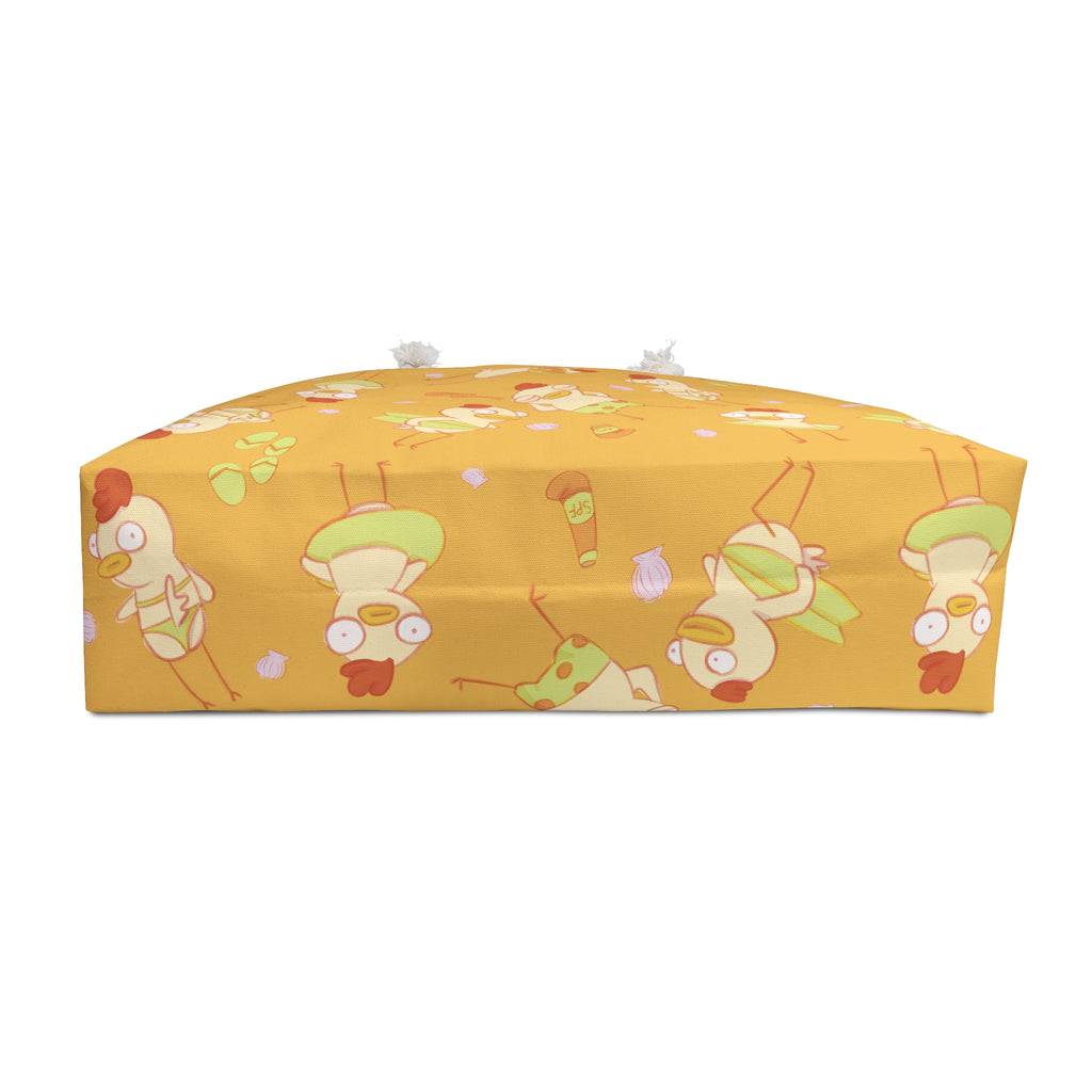 bottom view of oversized beach tote featuring an all over print of cute chicken characters in bikinis
