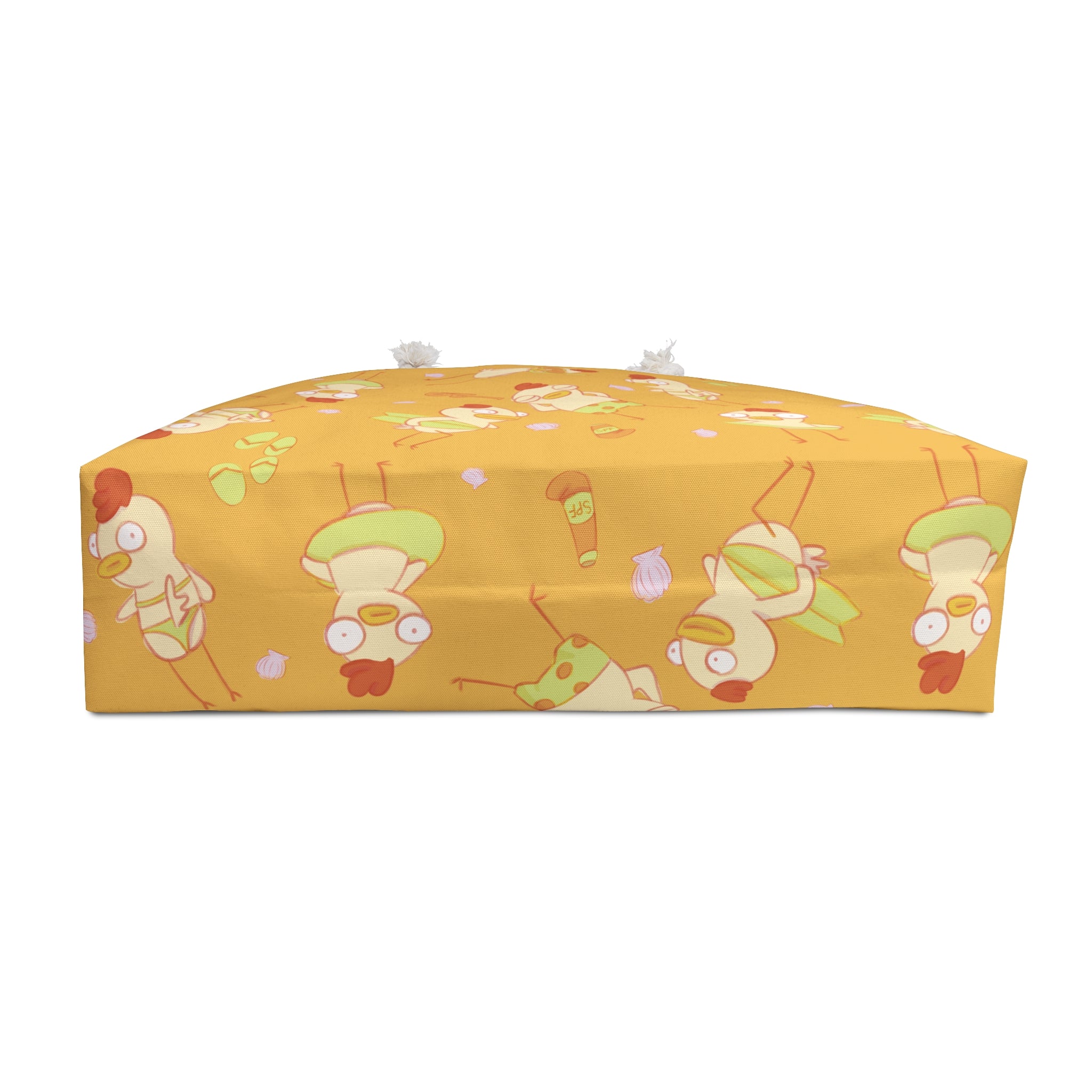 bottom view of oversized beach tote featuring an all over print of cute chicken characters in bikinis