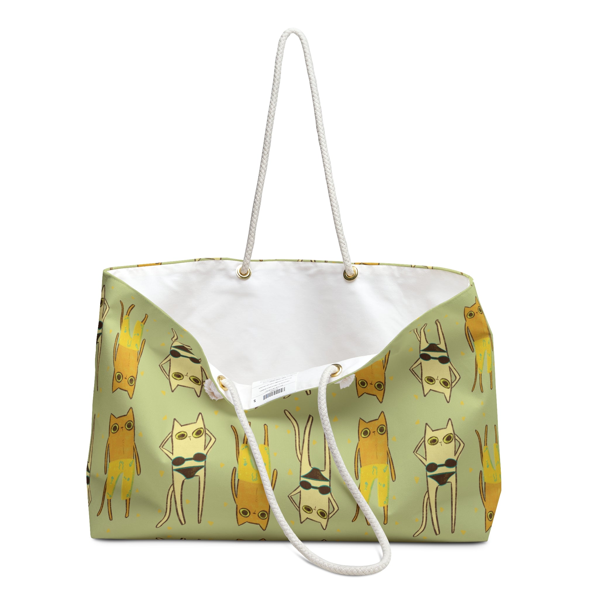 open beach bag view of an oversized green beach bag featuring an all-over print of cats in swimsuits in funky 90s style illustration