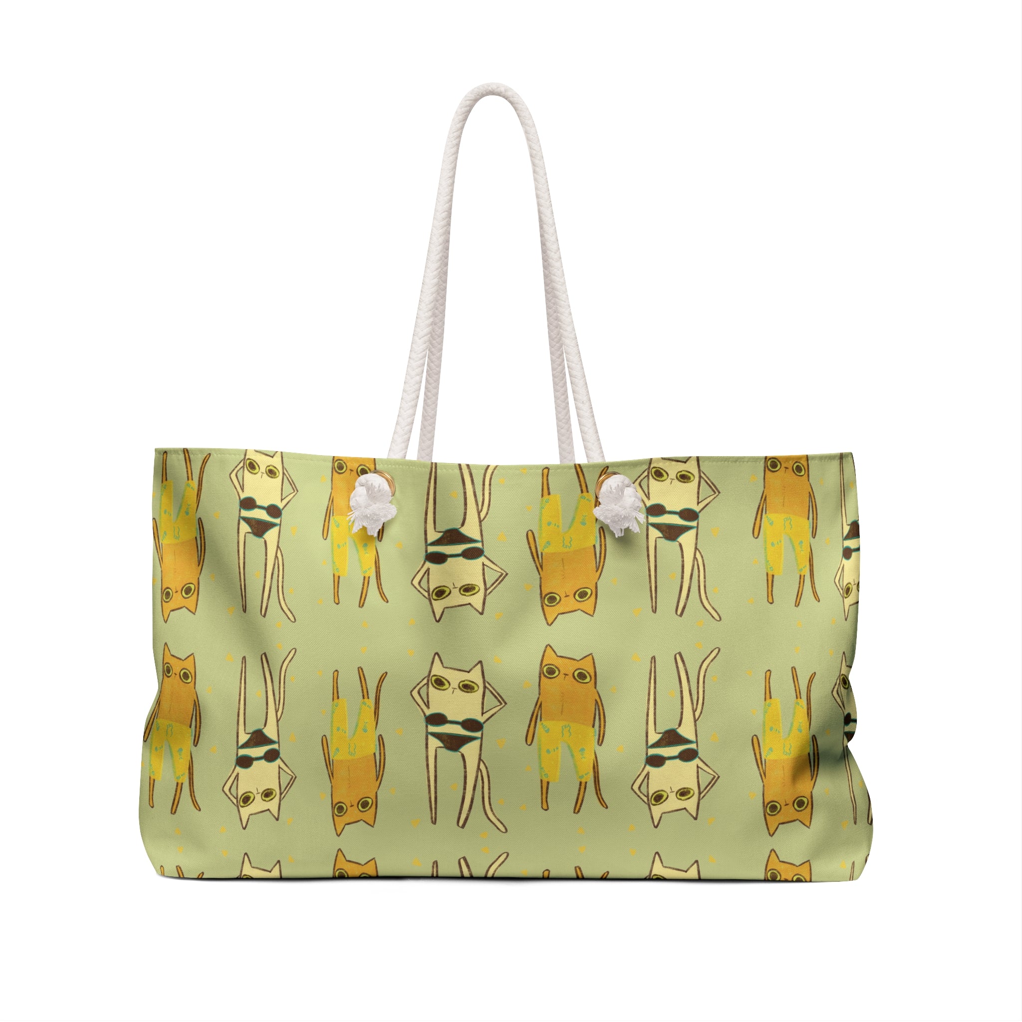back view of an oversized green beach bag featuring an all-over print of cats in swimsuits in funky 90s style illustration