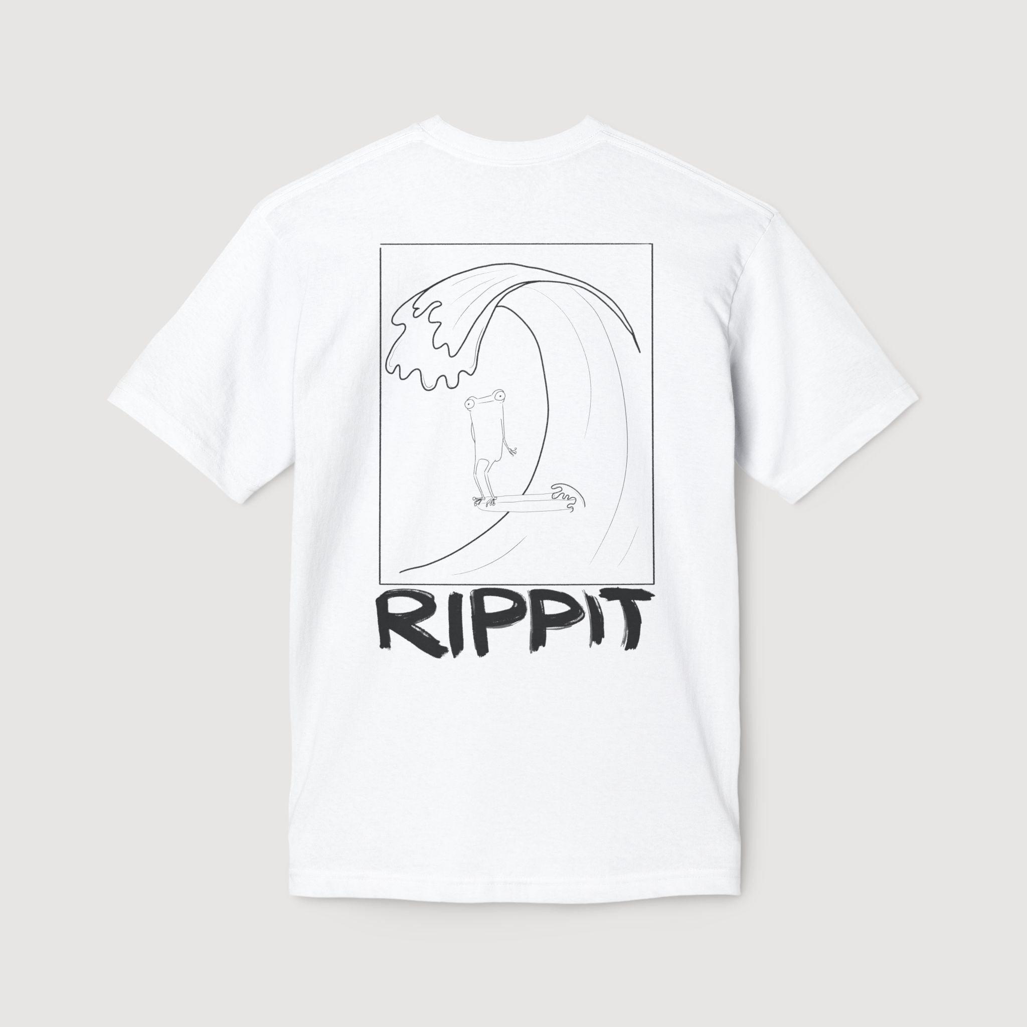back view of a cool surf shirt with a design of a surfing frog over 'rippit' text on a gray background