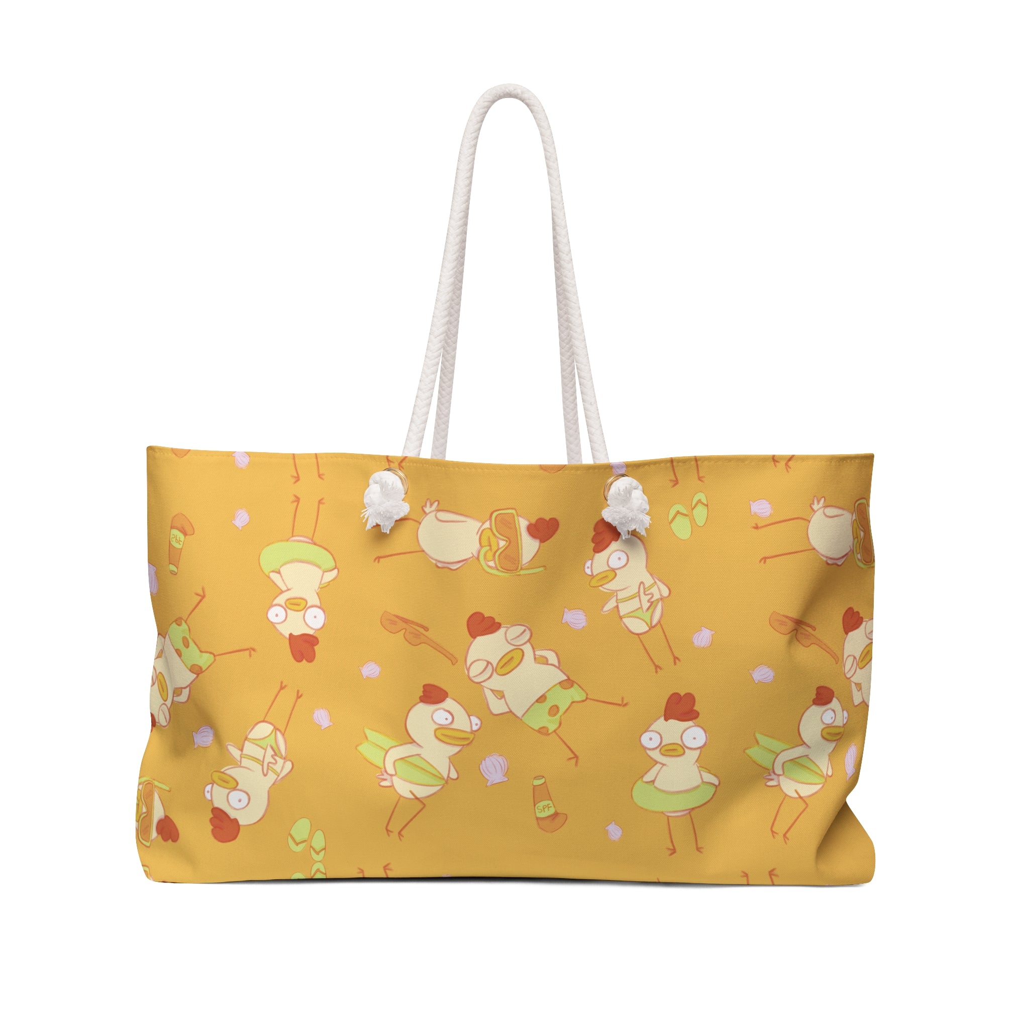 front view of a cute oversized beach tote featuring an all over print of cute chicken characters in bikinis