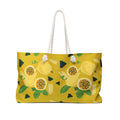 Yellow tote bag with passionfruit pattern on a white background