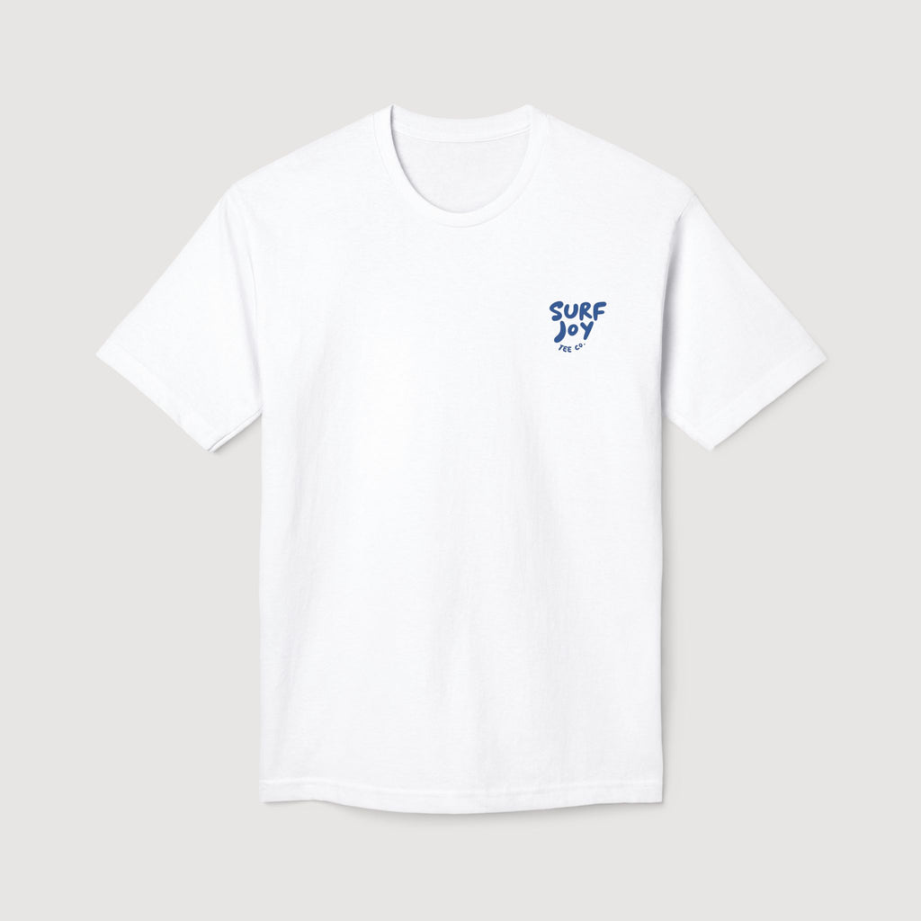 White t-shirt with 'Surf Joy' text on a light gray background