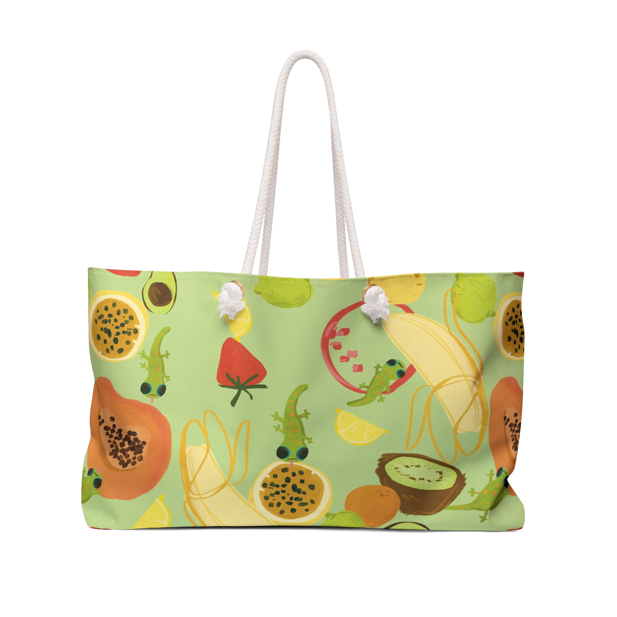 front view of a a cute lime green oversized beach bag with a tropical fruits and gecko pattern