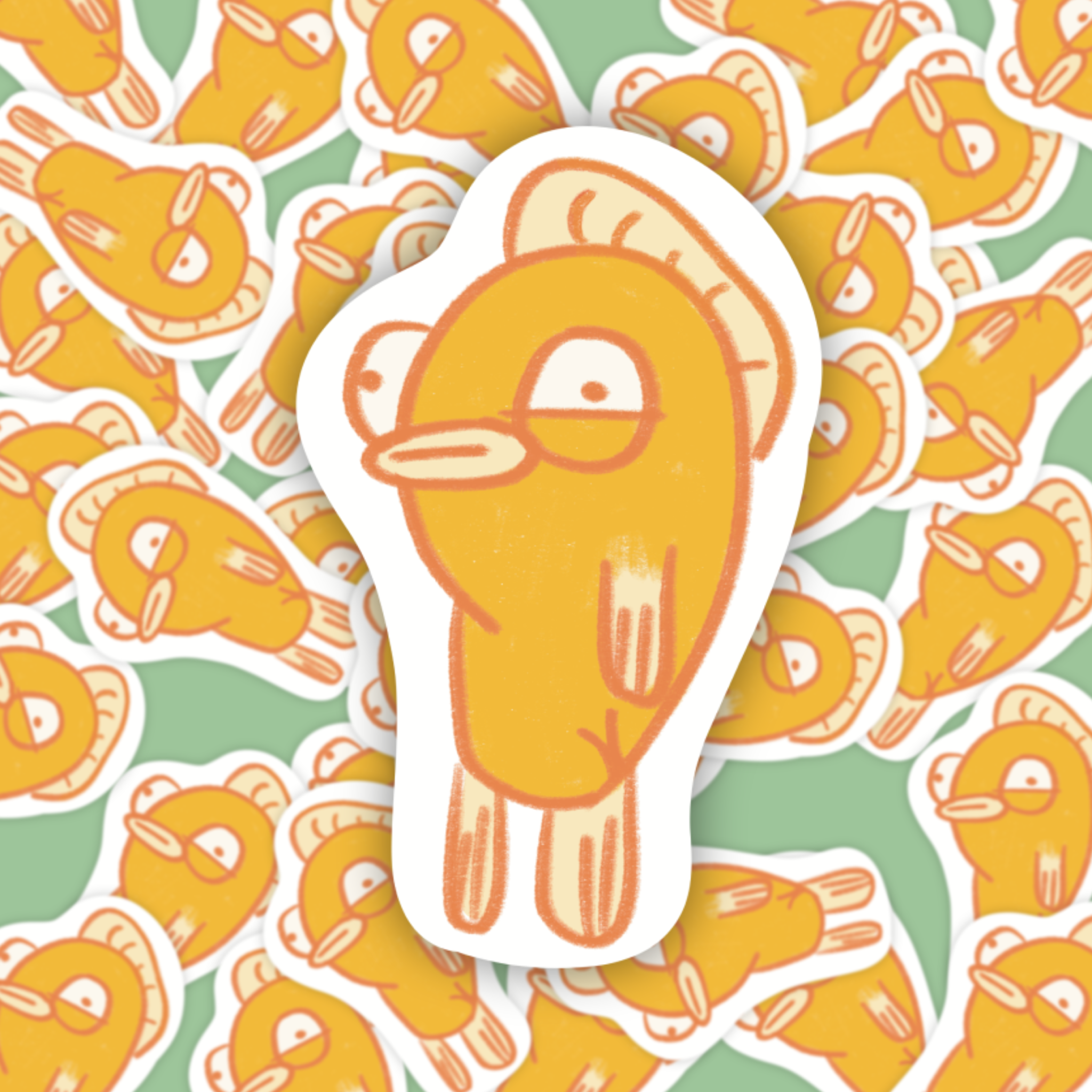 funny fish character sticker over a pile of similar stickers
