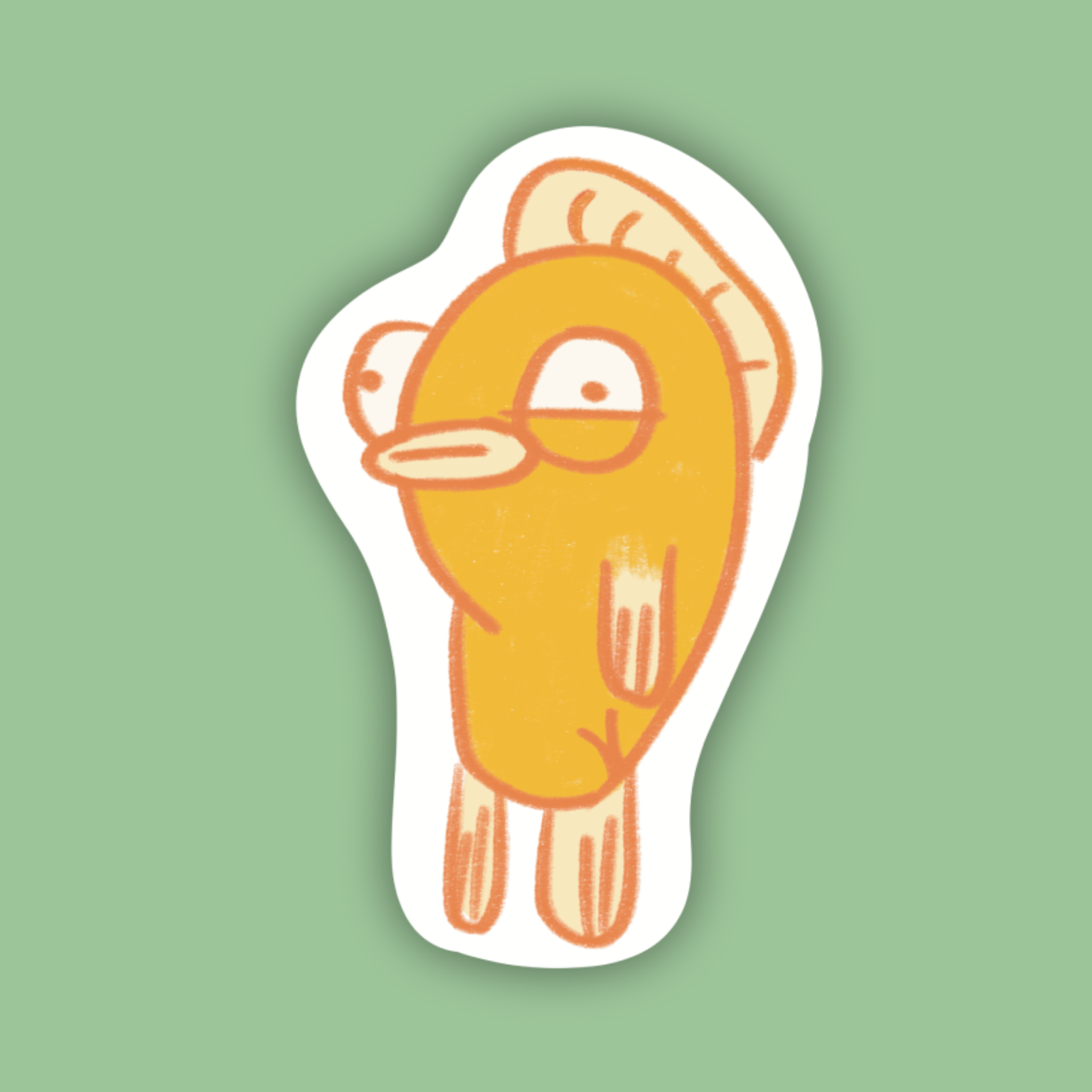 Cartoonish orange fish sticker on a green background