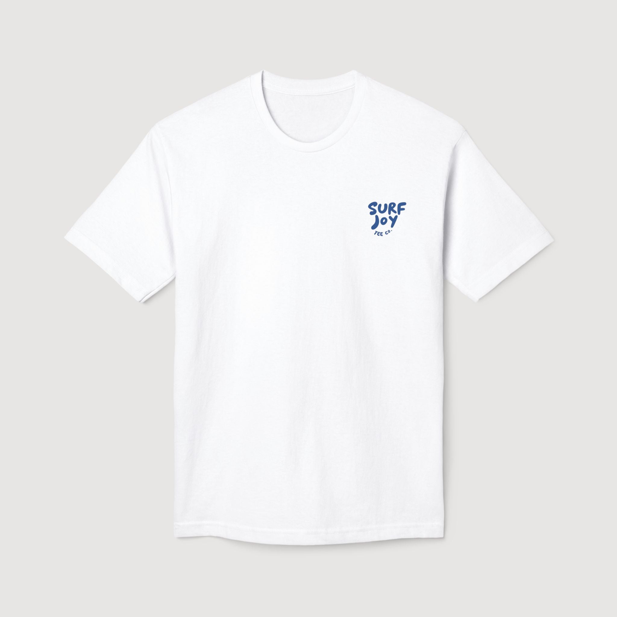 White t-shirt with 'Surf Joy' text on a light gray background