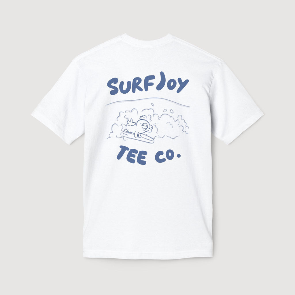 back view of funny surfer t-shirt with a surfing chicken design next to text that says 'surfjoy tee co.' on a light grey background