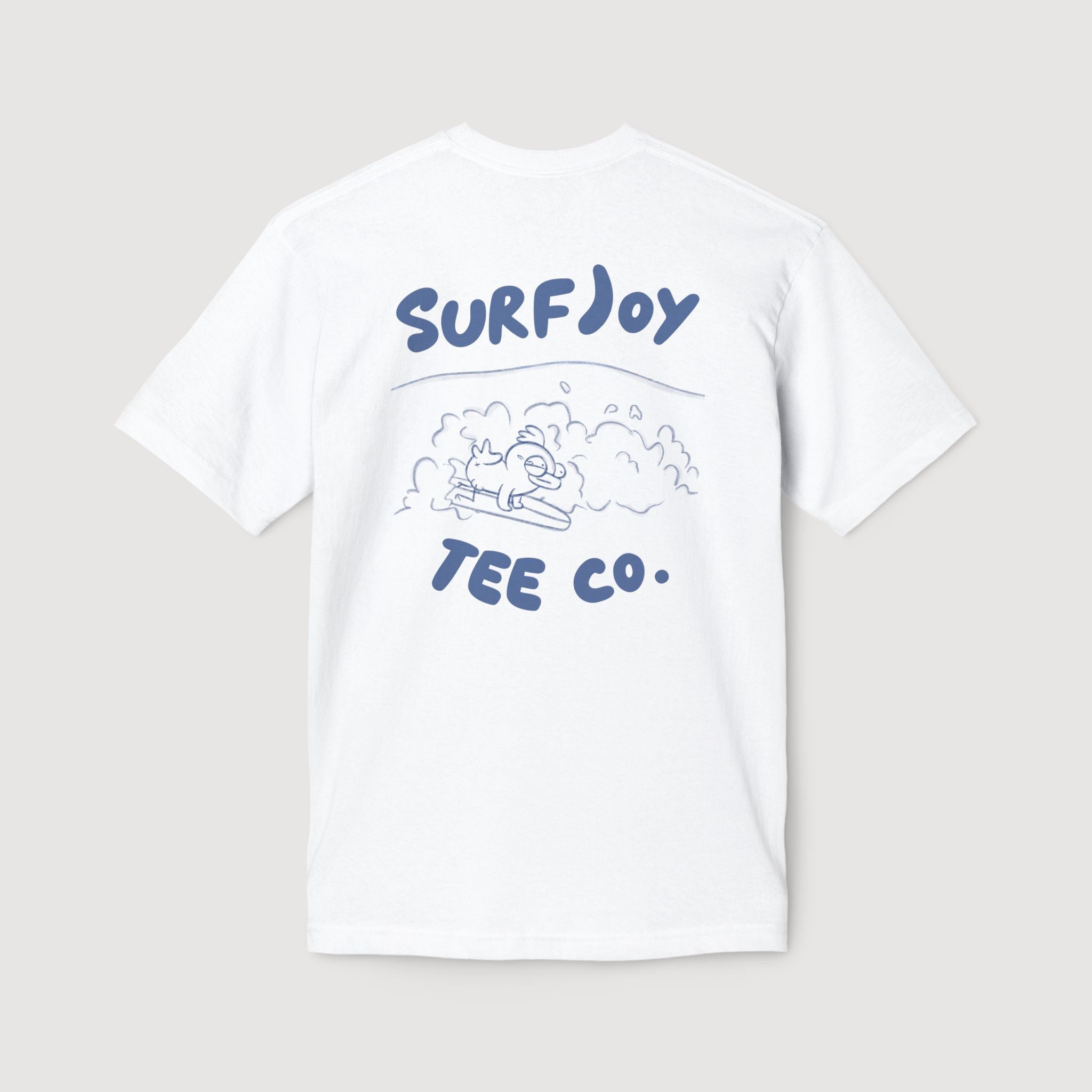 back view of funny surfer t-shirt with a surfing chicken design next to text that says 'surfjoy tee co.' on a light grey background