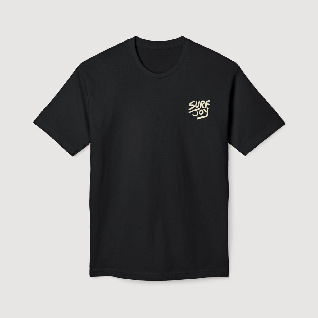 front view of black surfjoy shirt with funny surfing frog design