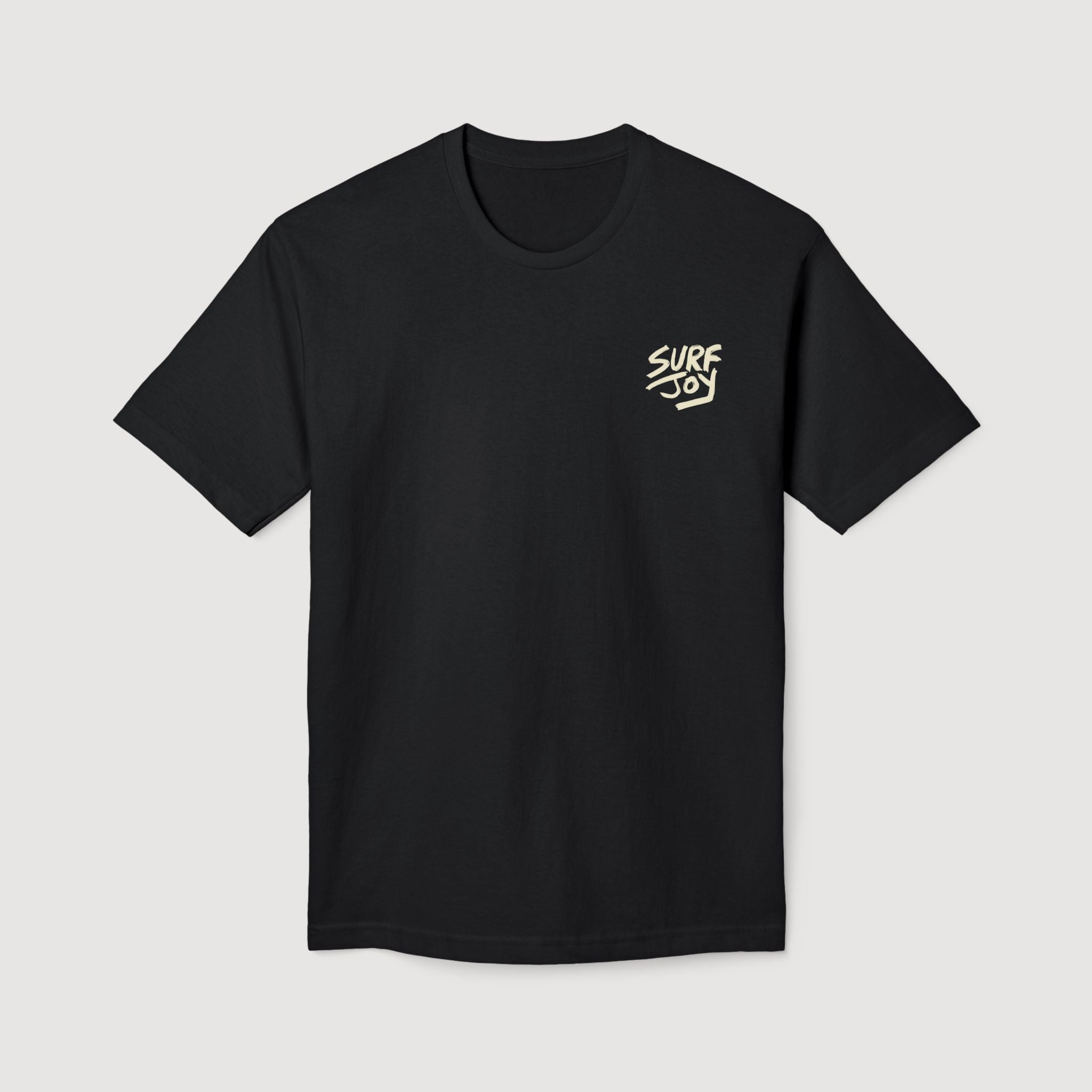 front view of black surfjoy shirt with funny surfing frog design