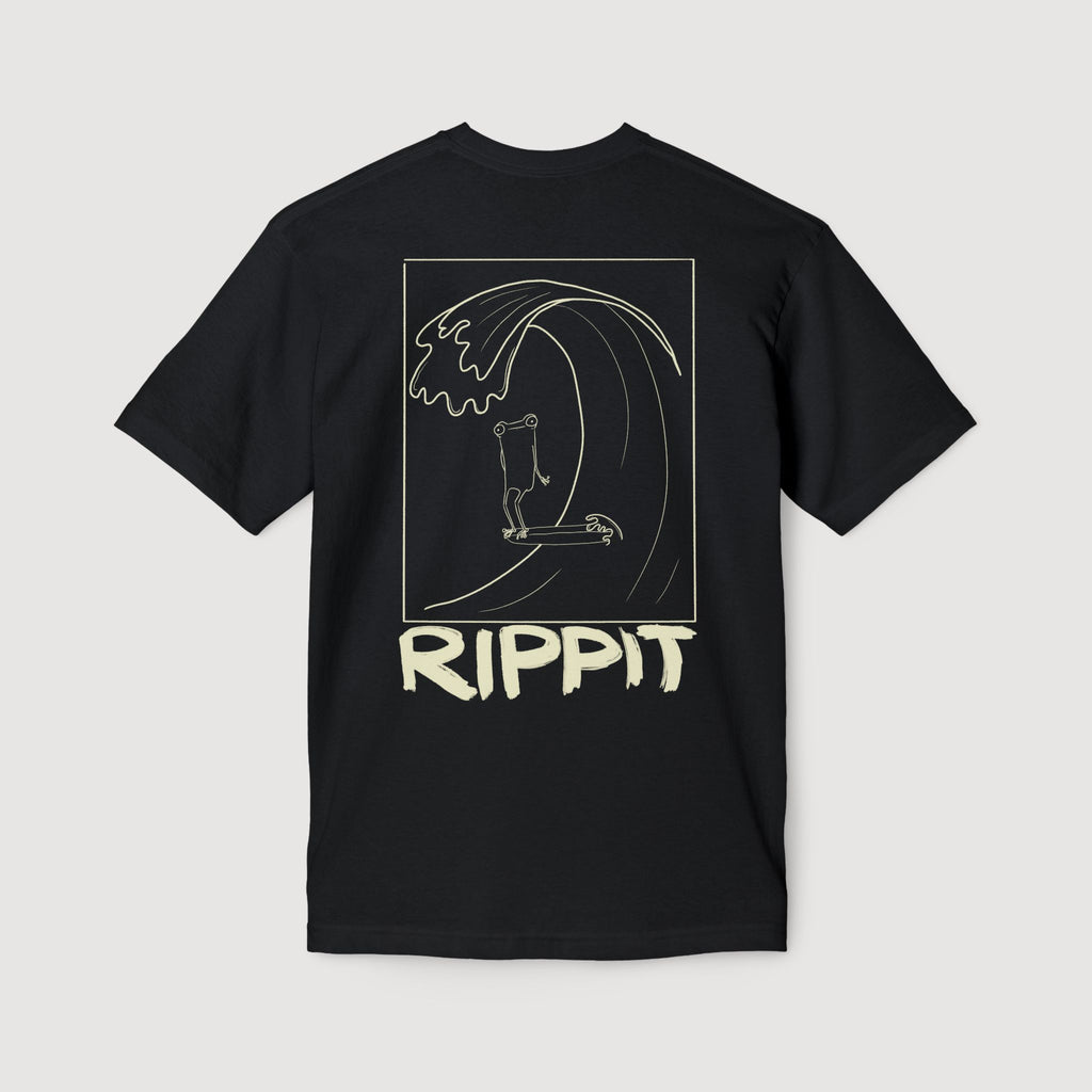 back view of a black surf t-shirt with a funny surfing design of a frog on a surfboard catching a wave over text that says 'rippit'