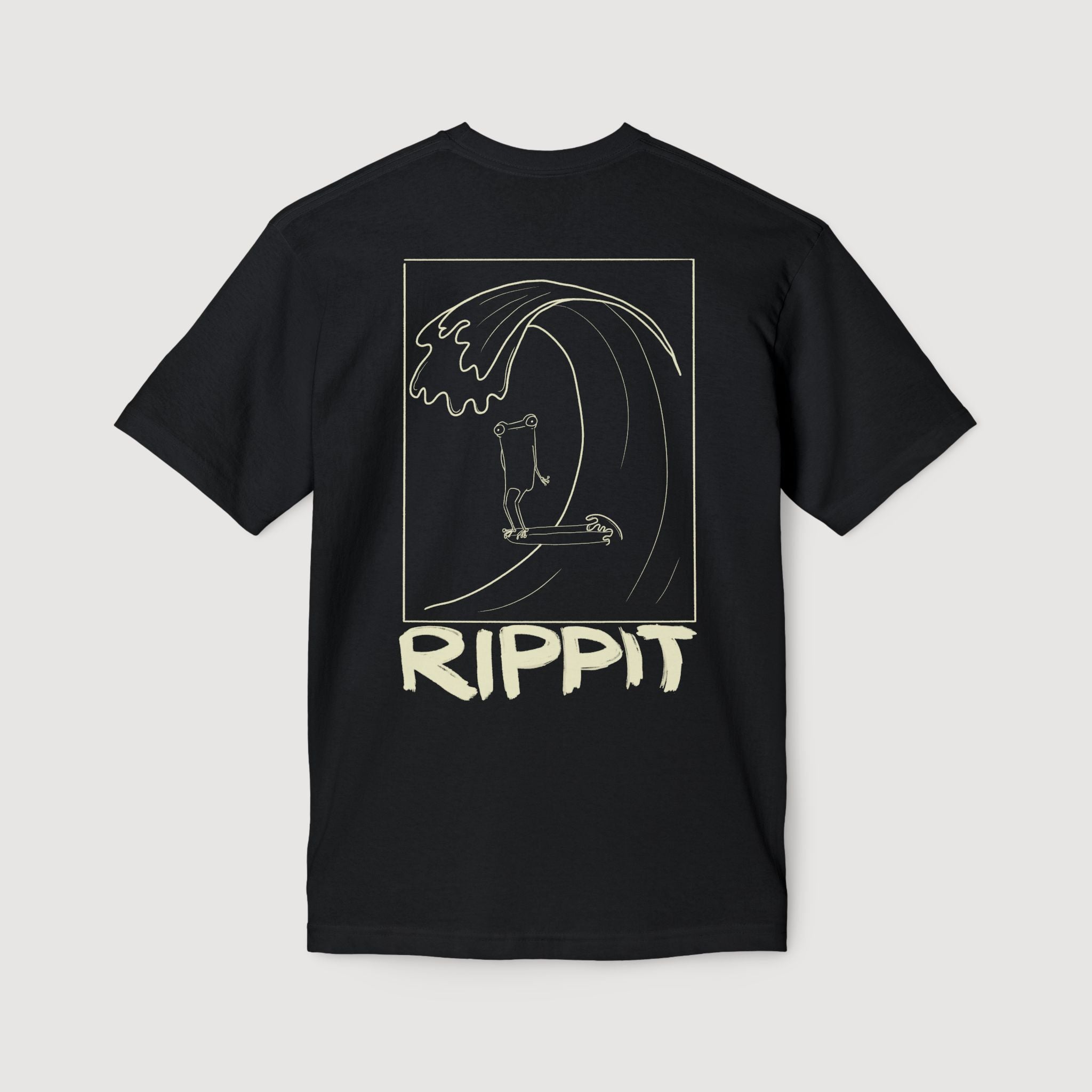 back view of a black surf t-shirt with a funny surfing design of a frog on a surfboard catching a wave over text that says 'rippit'