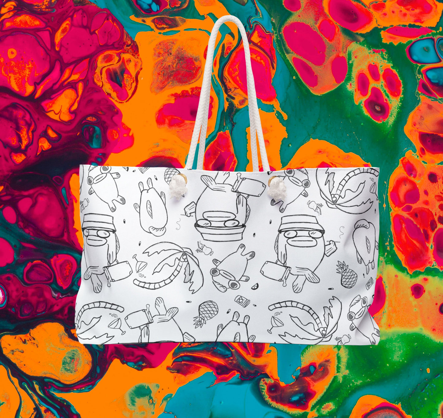 trippy beach bag, white with black linework in the style of surfjoy, an ode to hunter s thompson