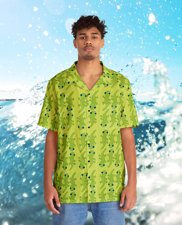 Hawaiian man wearing a green Button up aloha dress shirt with green gecko print, 90's nostalgic colors