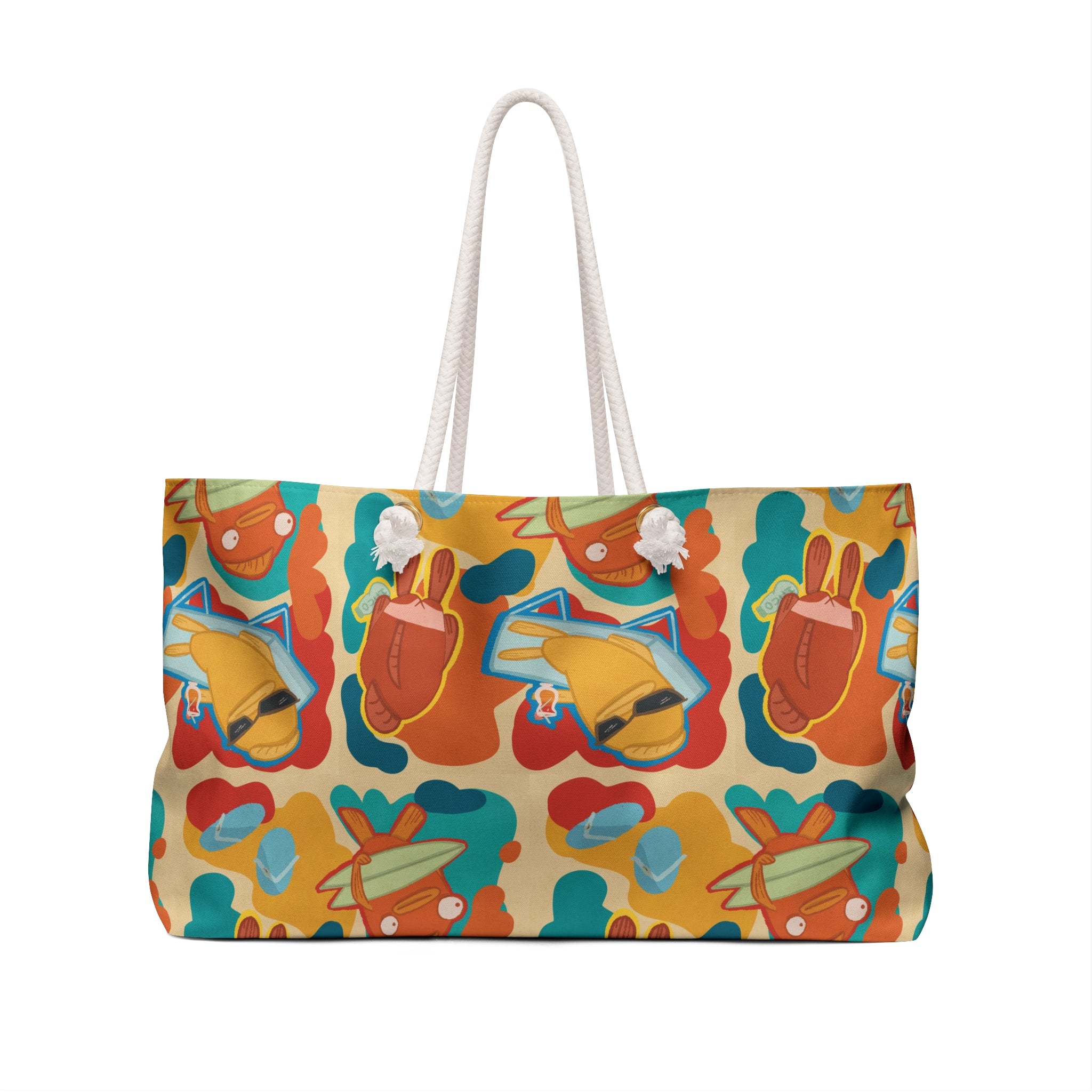 back view of an oversized beach bag with a groovy all over print of cute fish characters on the beach