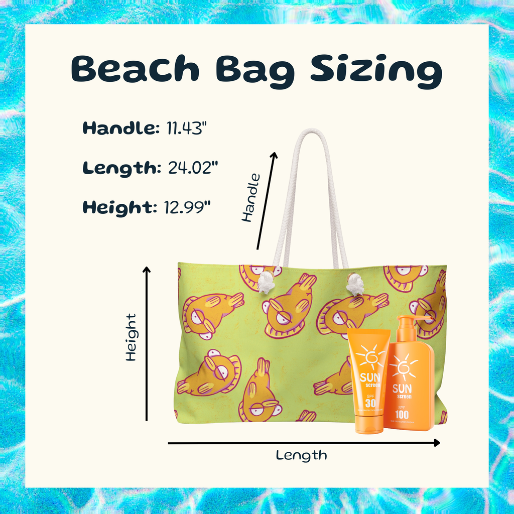 Beach bag with cartoon design and sunscreen bottles, labeled for beach bag sizing