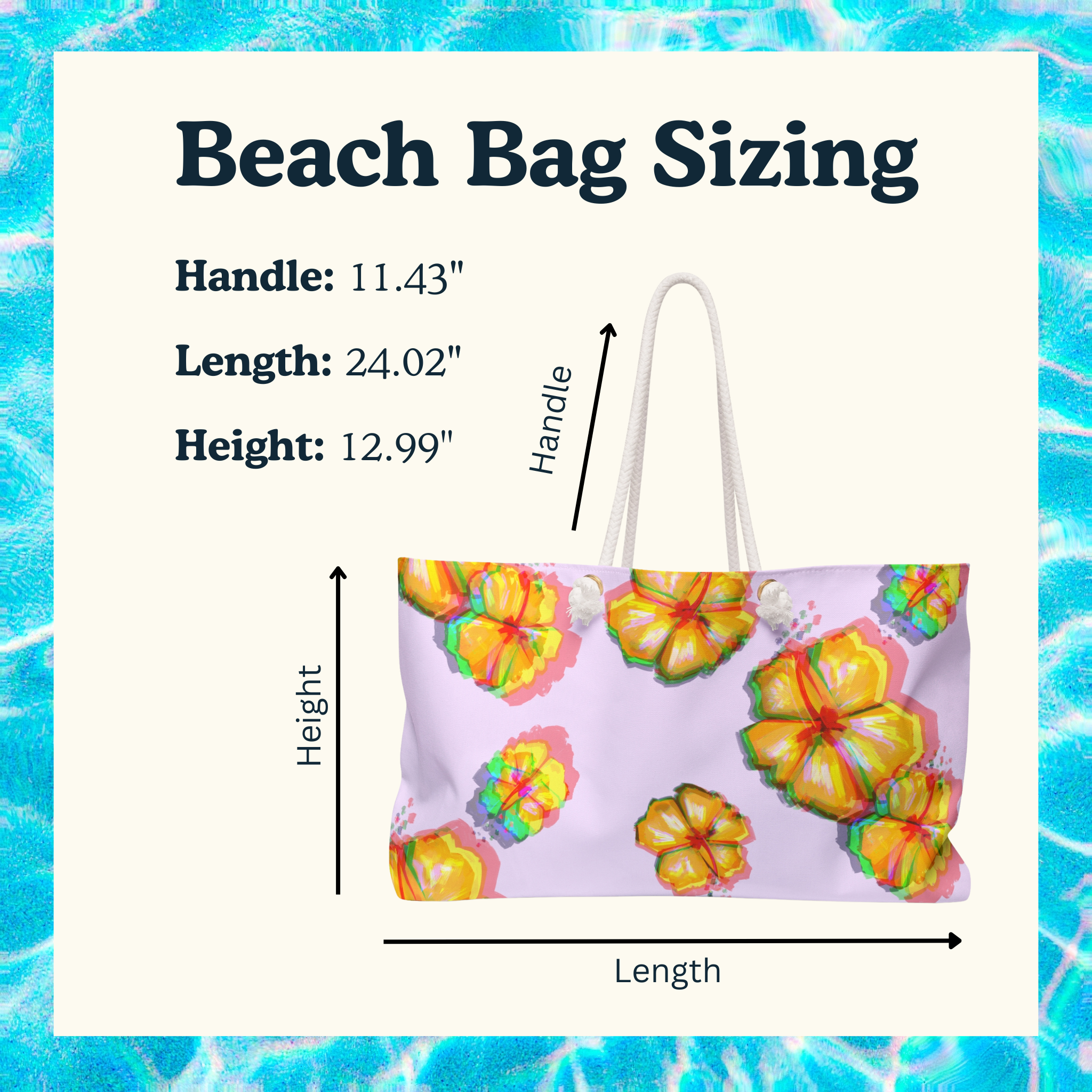 Beach bag with floral design and size measurement details on a blue watercolor background