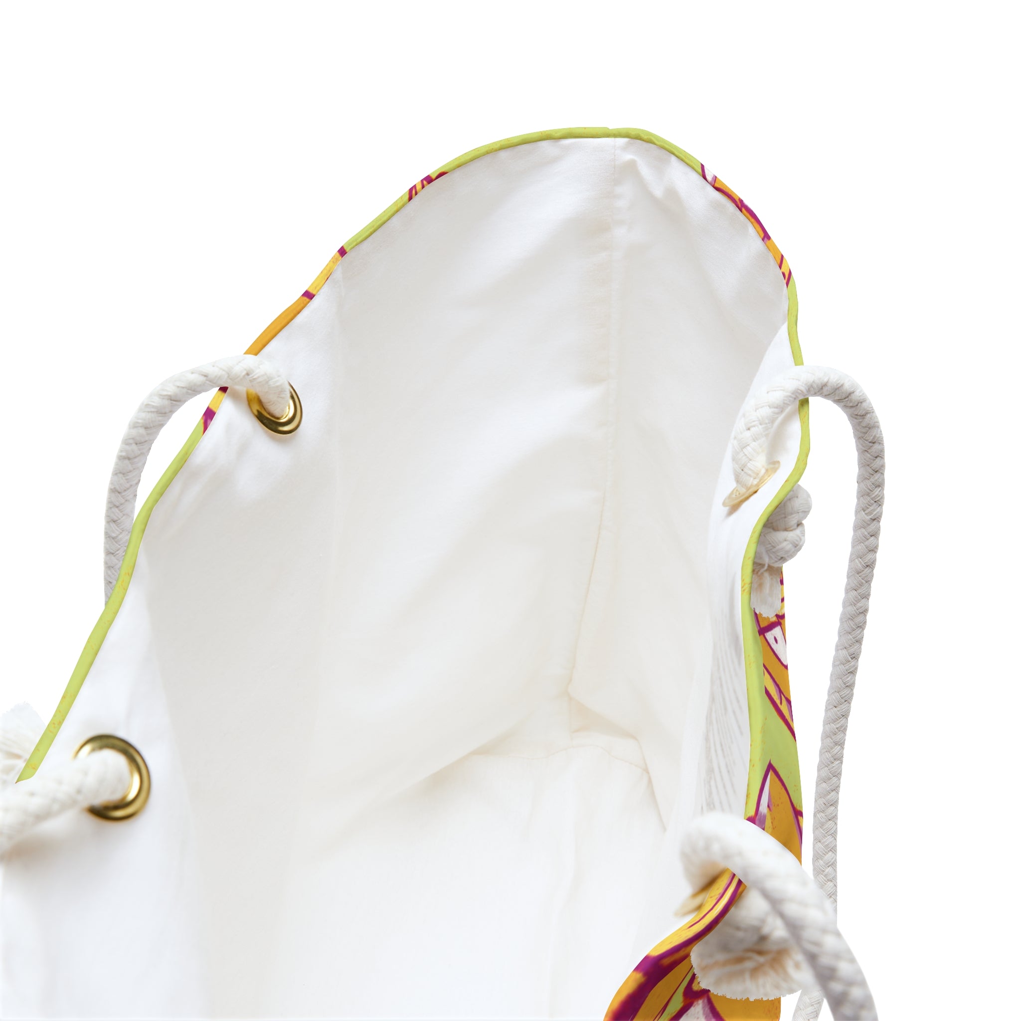 inside view of beach bag showing a cream colored liner