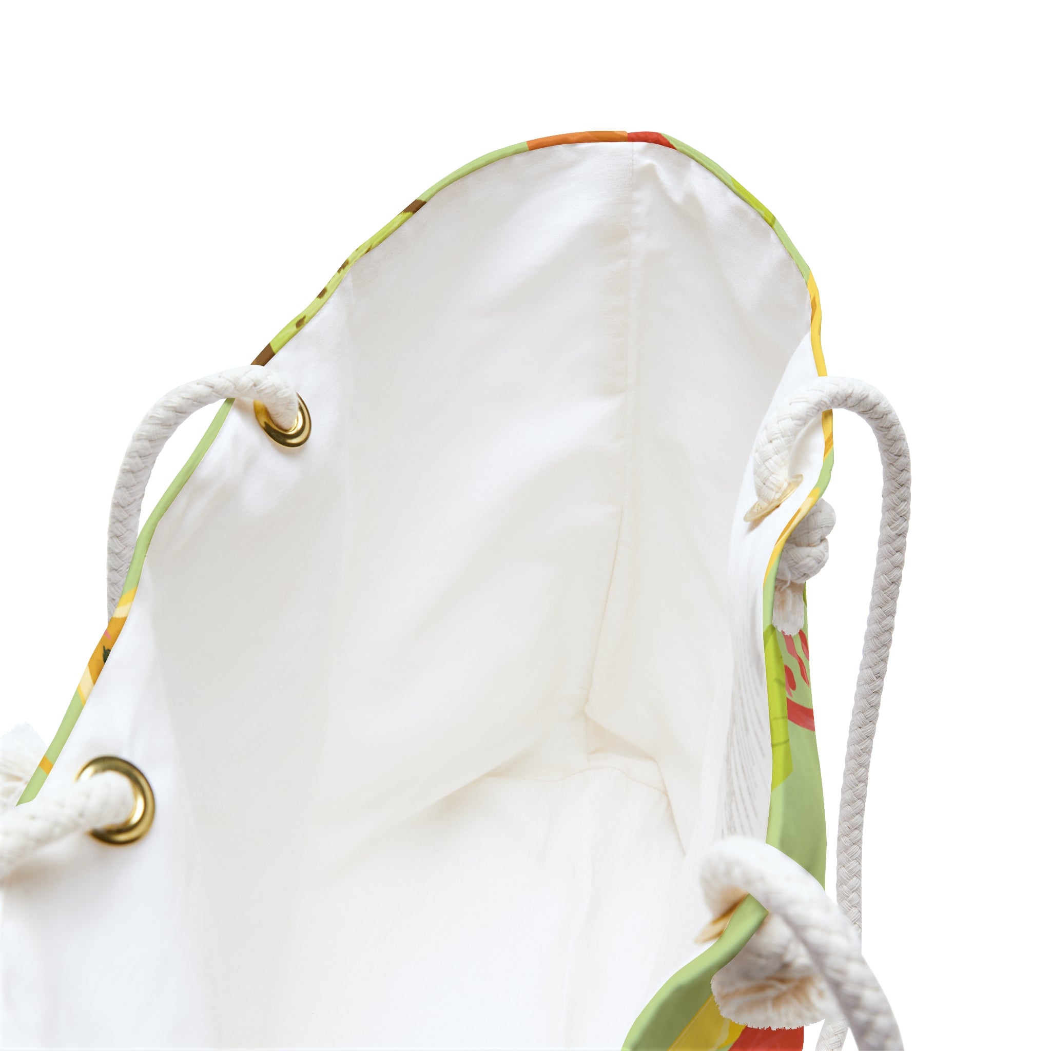 inside view of a cute lime green oversized beach bag with a tropical fruits and gecko pattern