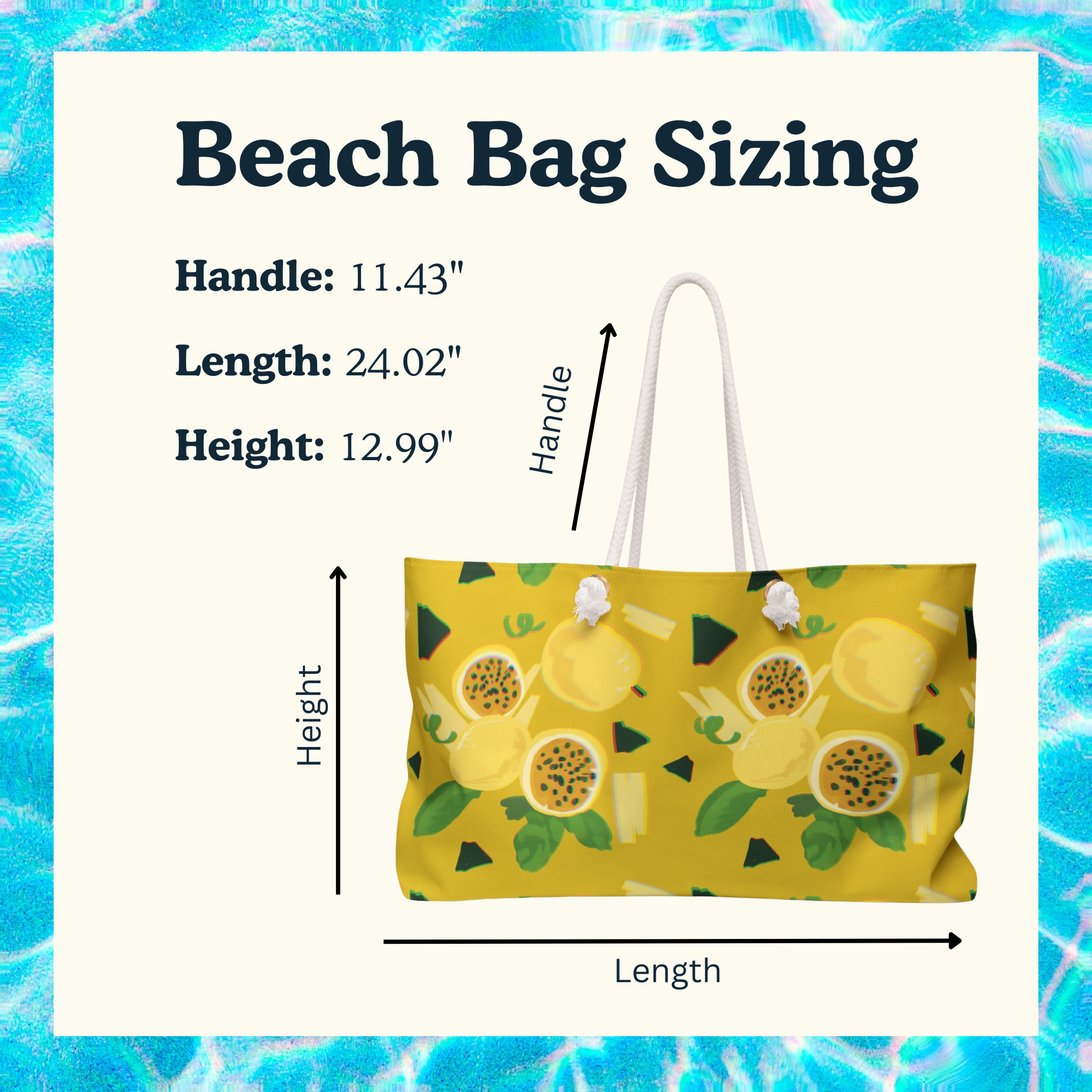 Beach bag with lilikoi pattern and size measurements chart on a blue water background