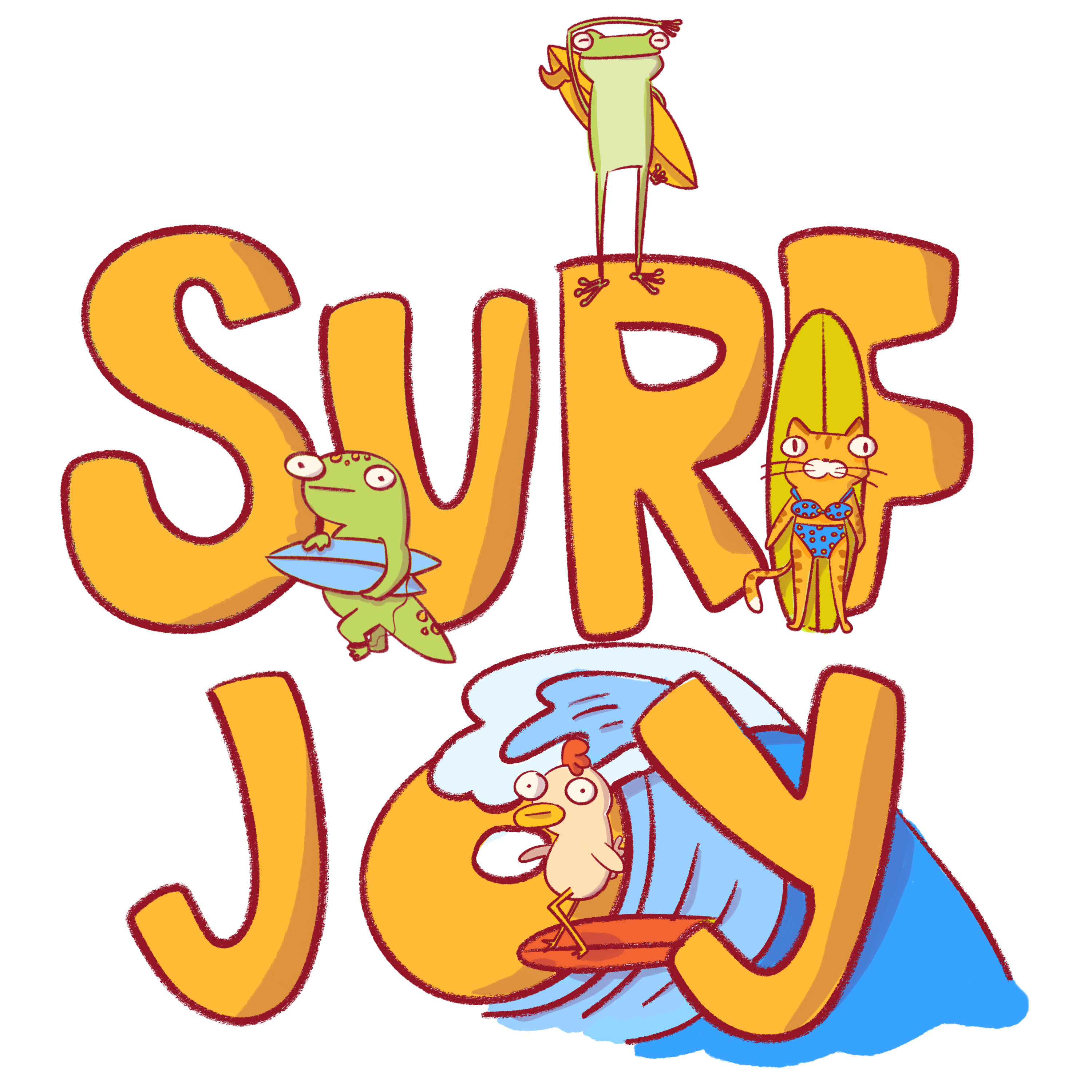 Hand written text that says "surfjoy" and it surrounded by illustrated surfing animals