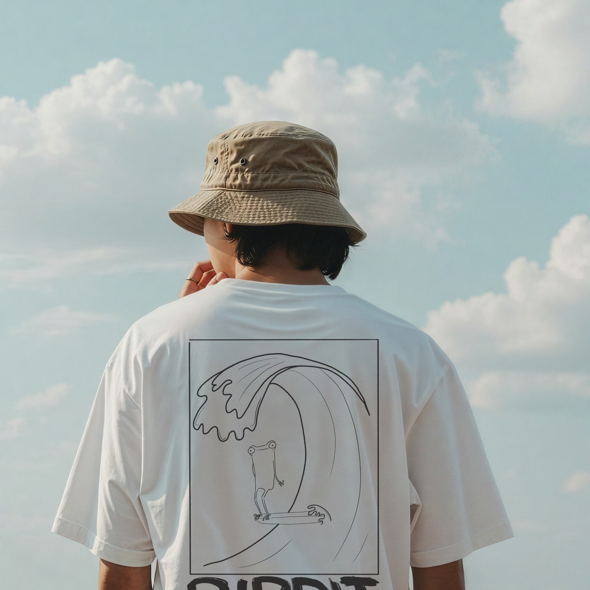 zoom in view of a male model wearing a white surfjoy t-shirt with a design of a surfing frog and text that says 'rippit'