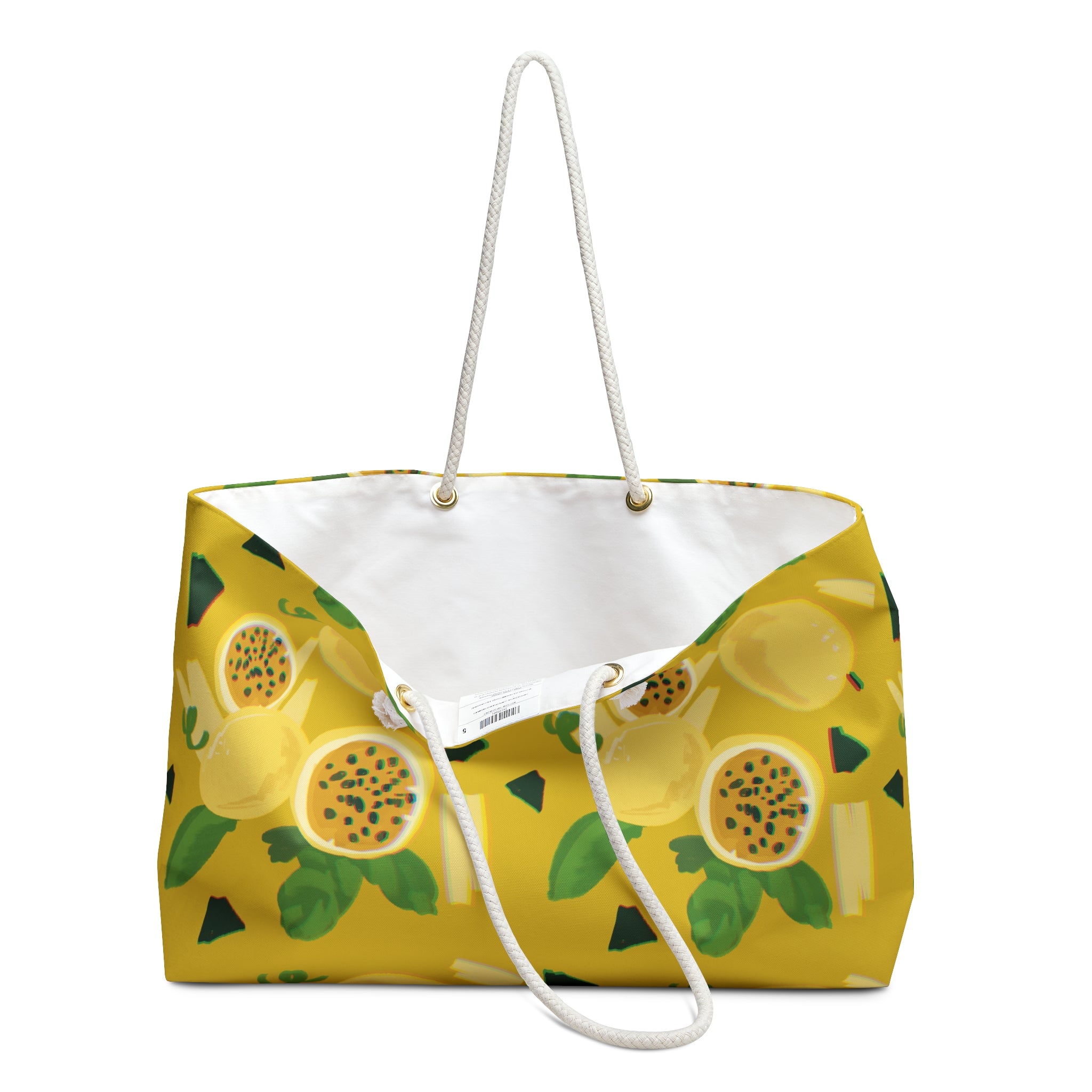 view of yellow beach bag with inside liner showing