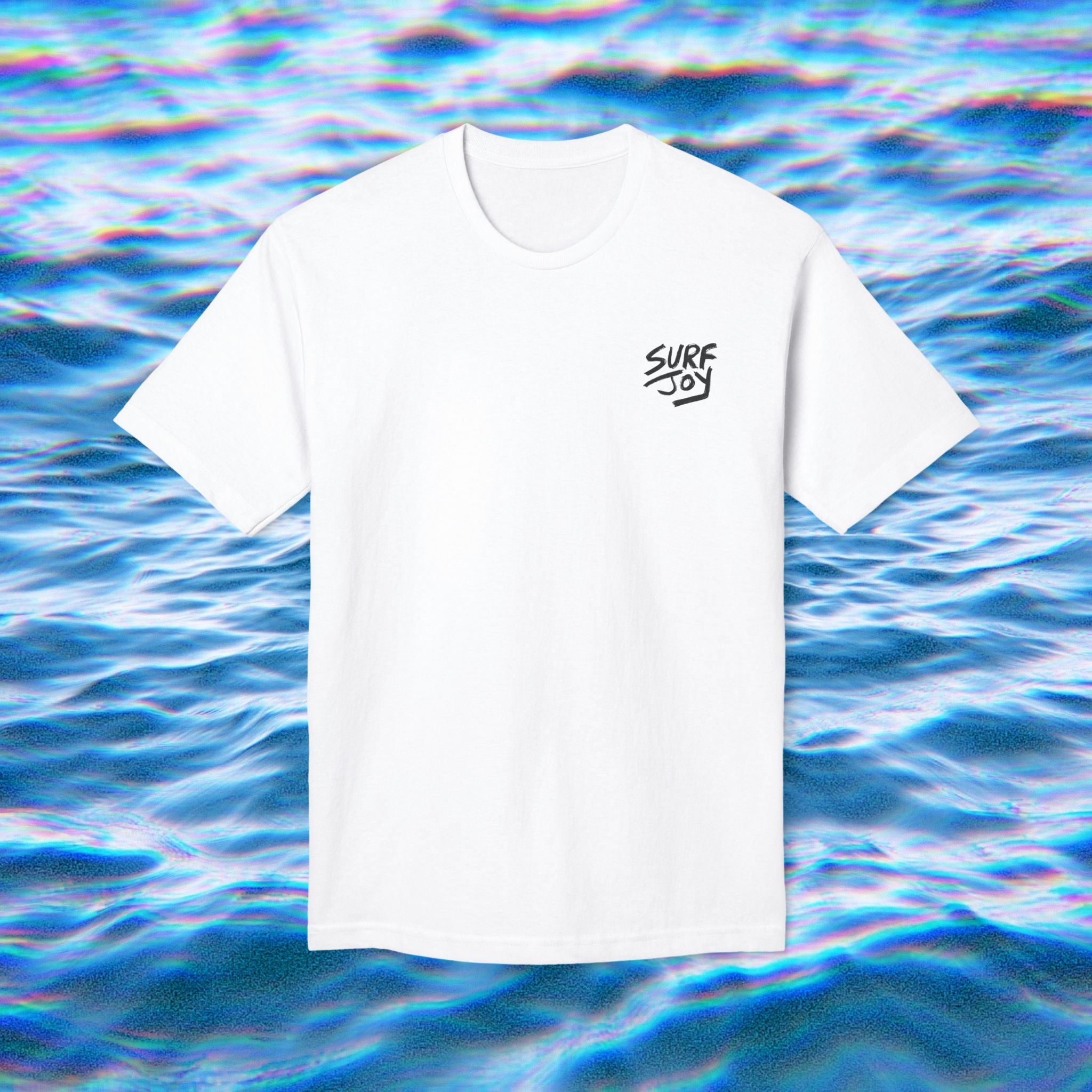 White t-shirt with 'Surf Joy' logo on a blue water background